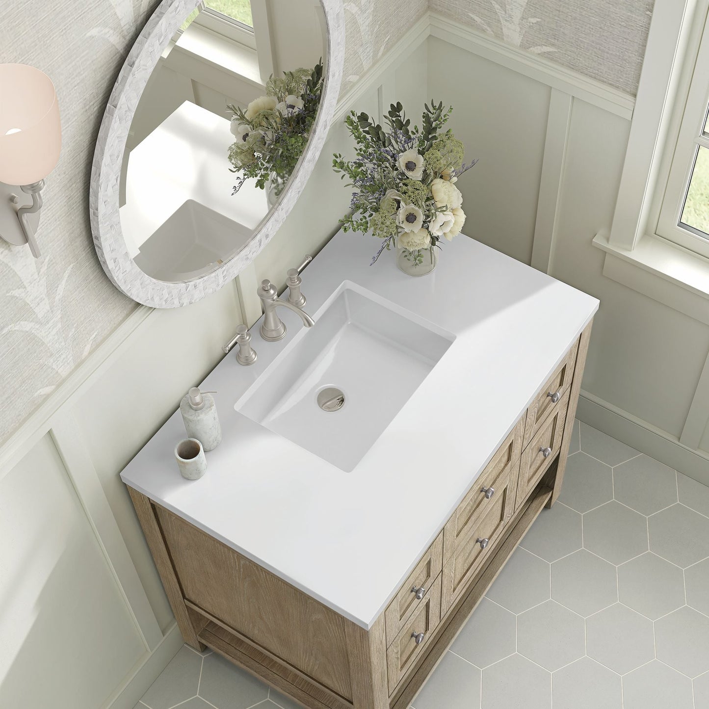 
                  
                    Breckenridge 36" Single Vanity in Whitewashed Oak Single Bathroom Vanity James Martin Vanities White Zeus Silestone 
                  
                