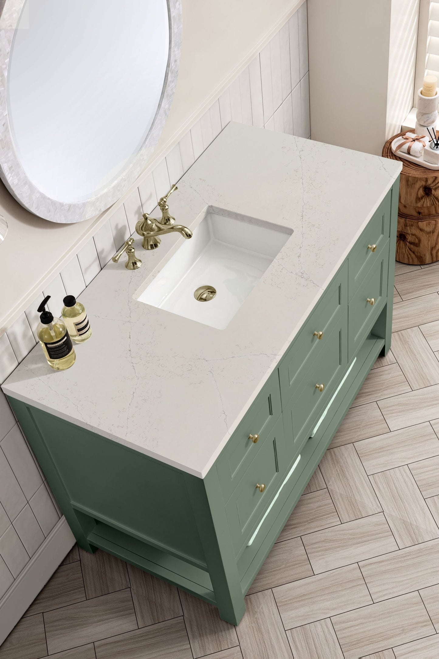 
                  
                    Breckenridge 48" Single Vanity in Smokey Celadon Single Bathroom Vanity James Martin Vanities Siberian Silestone 
                  
                