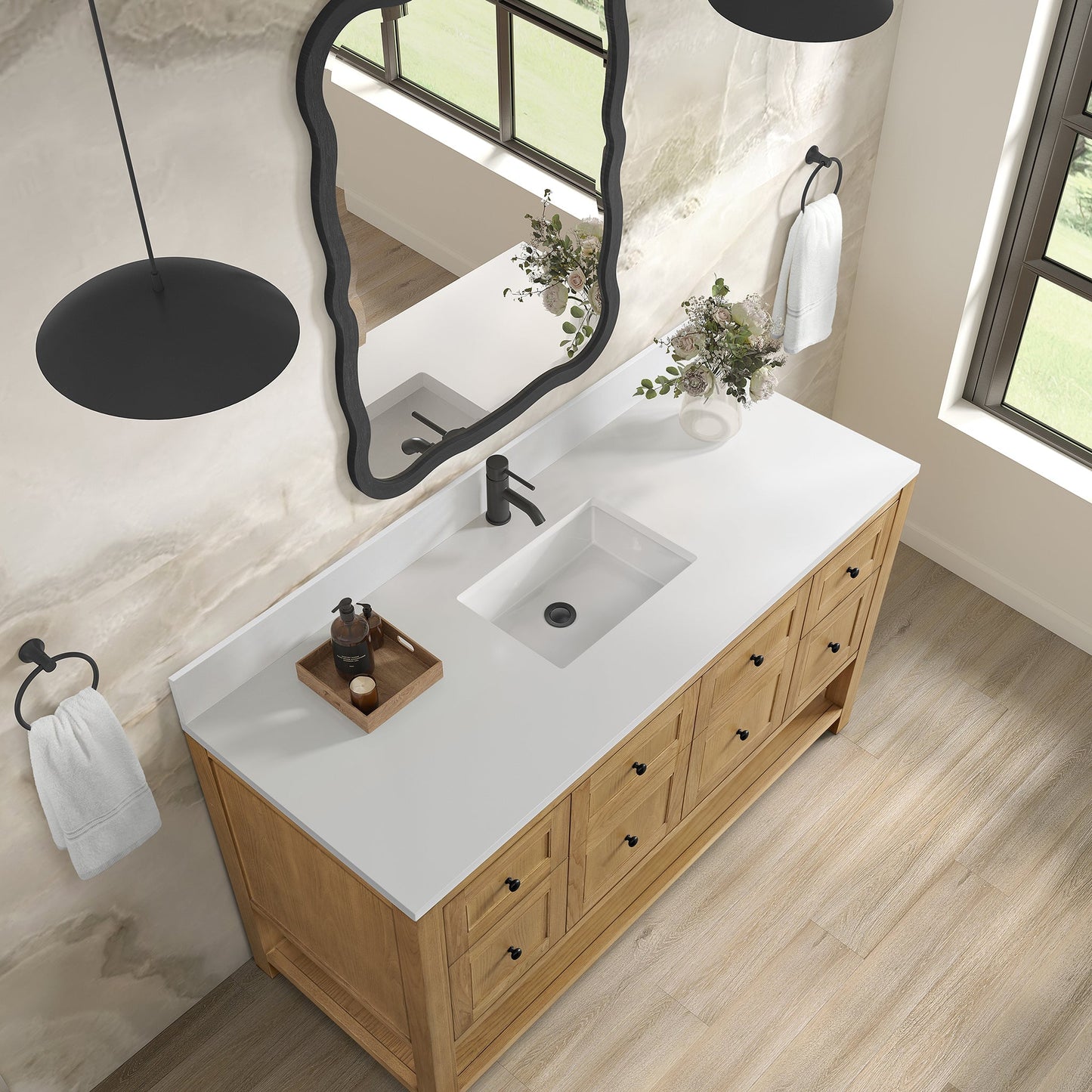 
                  
                    Breckenridge 60" Single Vanity in Light Natural Oak Single Bathroom Vanity James Martin Vanities White Zeus Single Faucet Silestone Top w/Backsplash 
                  
                