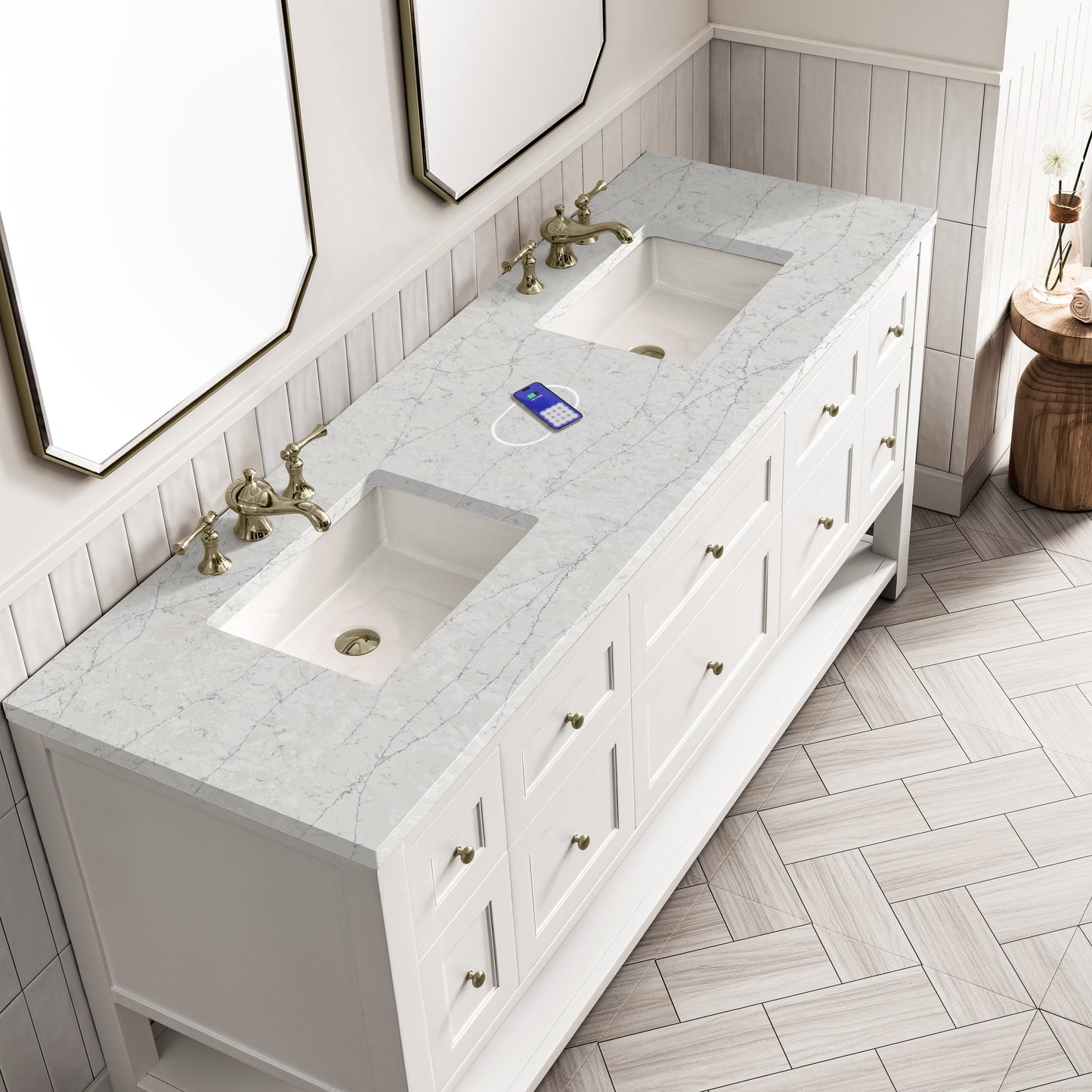 
                  
                    Breckenridge 72" Double Vanity in Bright White Double Bathroom Vanity James Martin Vanities FreePower-Enabled Eternal Jasmine Pearl Silestone 
                  
                