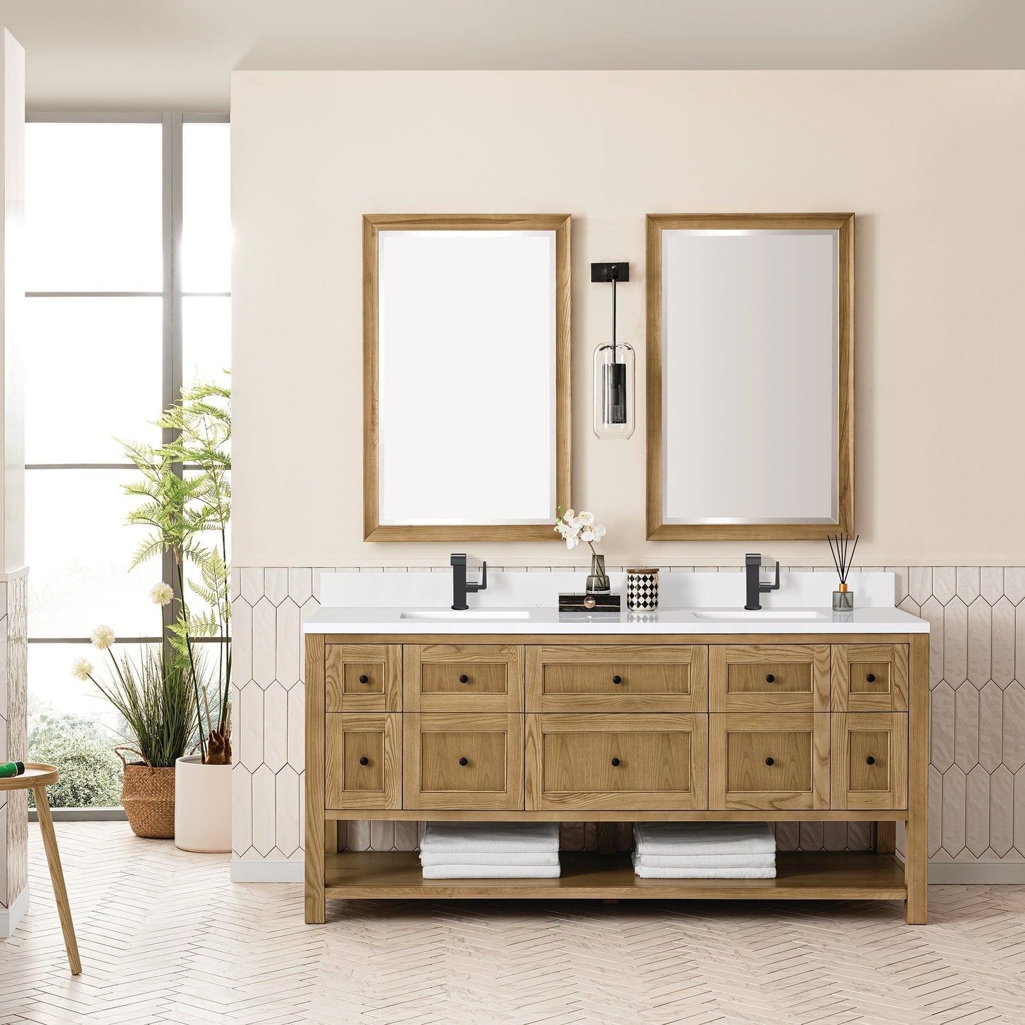 
                  
                    Breckenridge 72" Double Vanity in Light Natural Oak Double Bathroom Vanity James Martin Vanities White Zeus Single Faucet Silestone Top w/Backsplash 
                  
                