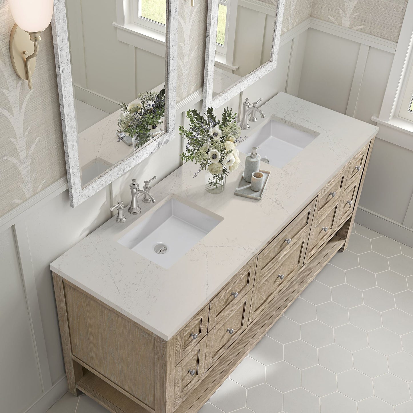 
                  
                    Breckenridge 72" Double Vanity in Whitewashed Oak Double Bathroom Vanity James Martin Vanities Siberian Silestone 
                  
                