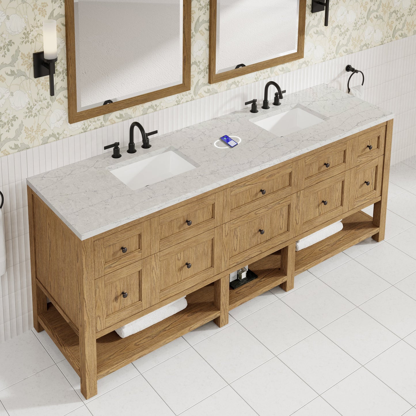 
                  
                    Breckenridge 84" Double Vanity in Light Natural Oak Double Bathroom Vanity James Martin Vanities FreePower-Enabled Eternal Jasmine Pearl Silestone 
                  
                