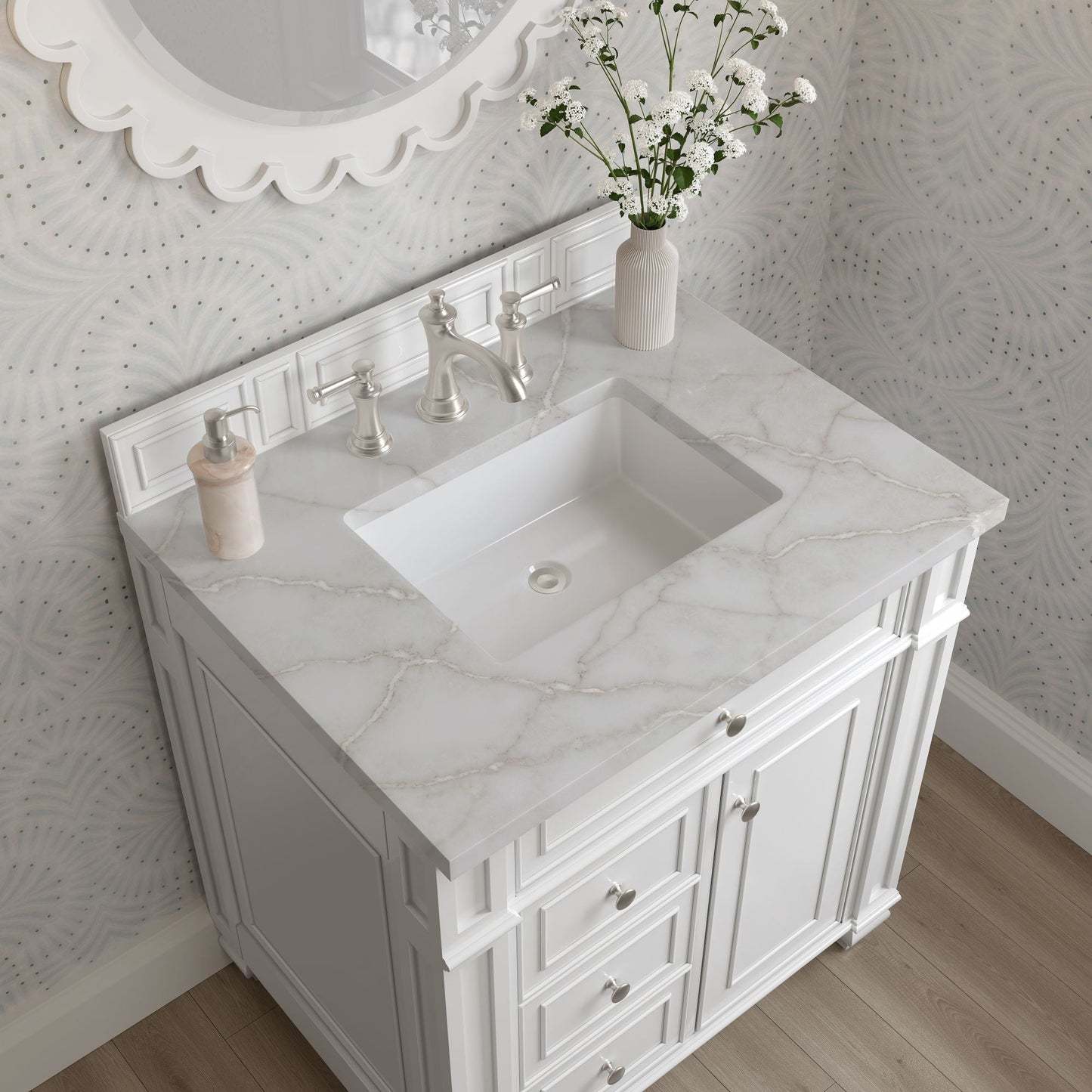 
                  
                    Bristol 30" Single Vanity in Bright White Single Bathroom Vanity James Martin Vanities Victorian Silver Silestone 
                  
                