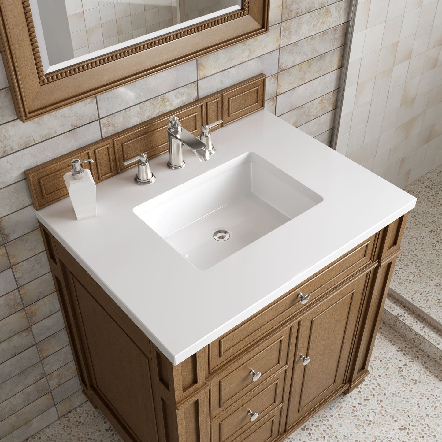 
                  
                    Bristol 30" Single Vanity in Saddle Brown Single Bathroom Vanity James Martin Vanities White Zeus Silestone 
                  
                