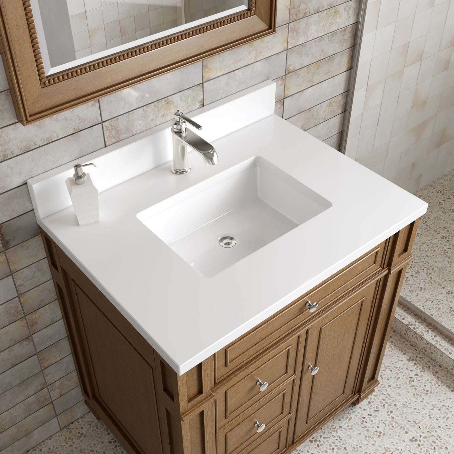 
                  
                    Bristol 30" Single Vanity in Saddle Brown Single Bathroom Vanity James Martin Vanities White Zeus Single Faucet Silestone Top w/Backsplash 
                  
                