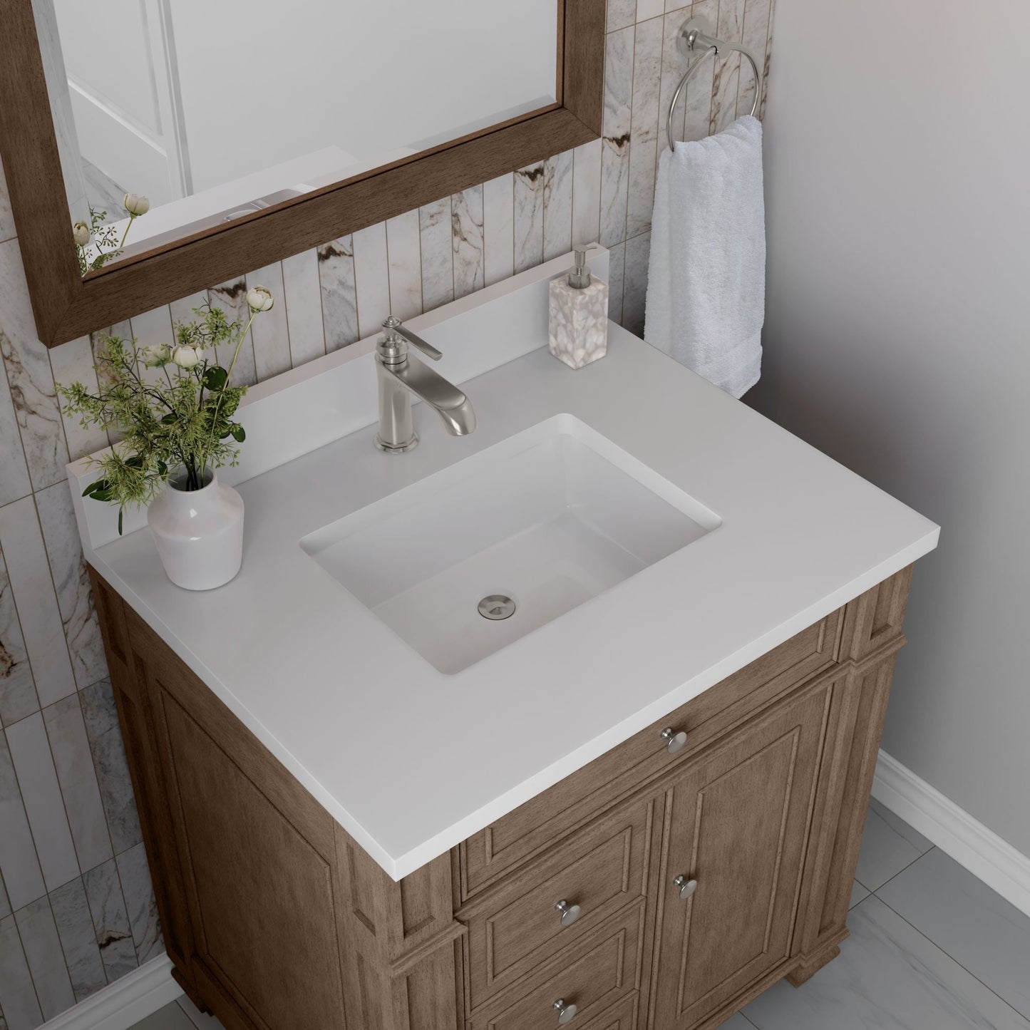 
                  
                    Bristol 30" Single Vanity in Whitewashed Walnut Single Bathroom Vanity James Martin Vanities White Zeus Single Faucet Top w/Backsplash 
                  
                