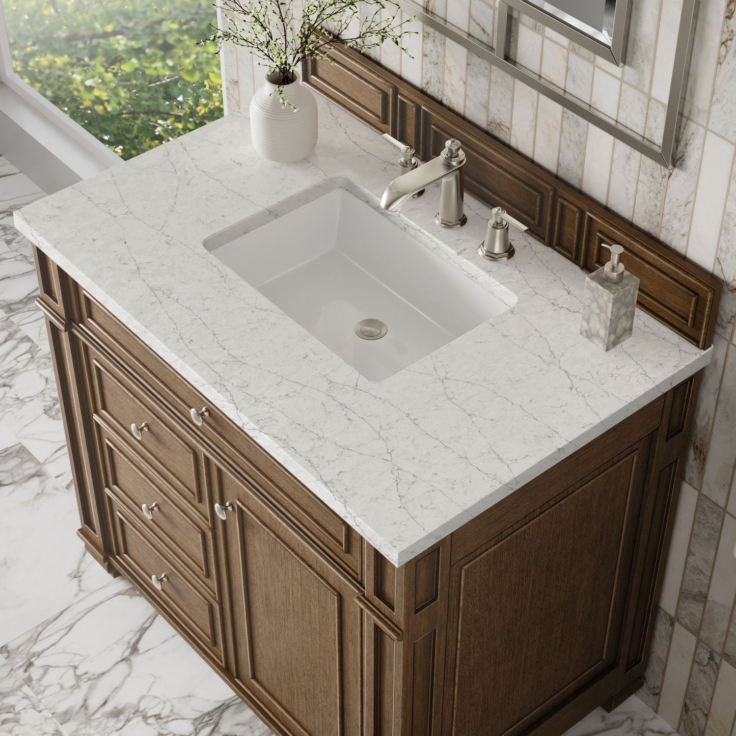 
                  
                    Bristol 36" Single Vanity in Saddle Brown Single Bathroom Vanity James Martin Vanities Eternal Jasmine Pearl Silestone 
                  
                