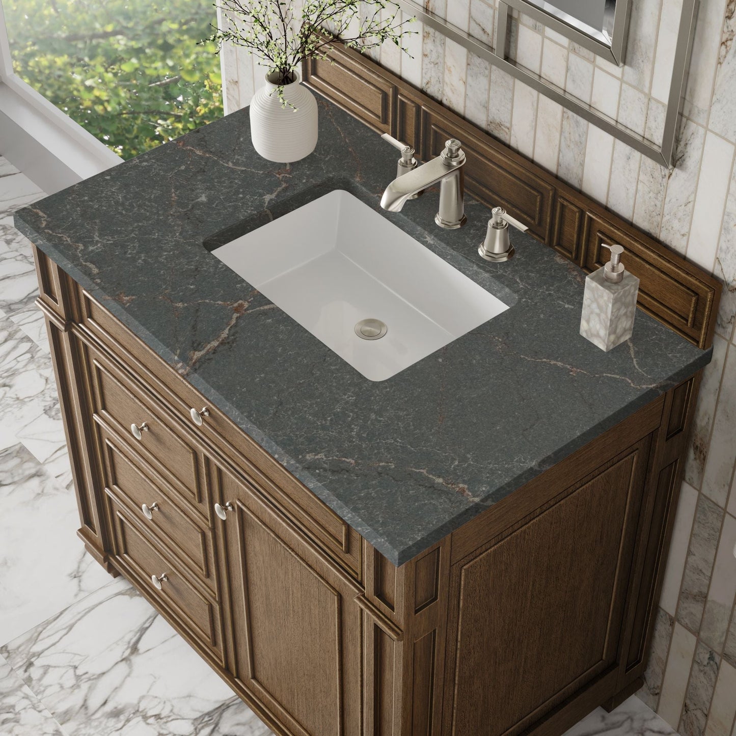 
                  
                    Bristol 36" Single Vanity in Saddle Brown Single Bathroom Vanity James Martin Vanities Parisien Bleu Silestone 
                  
                