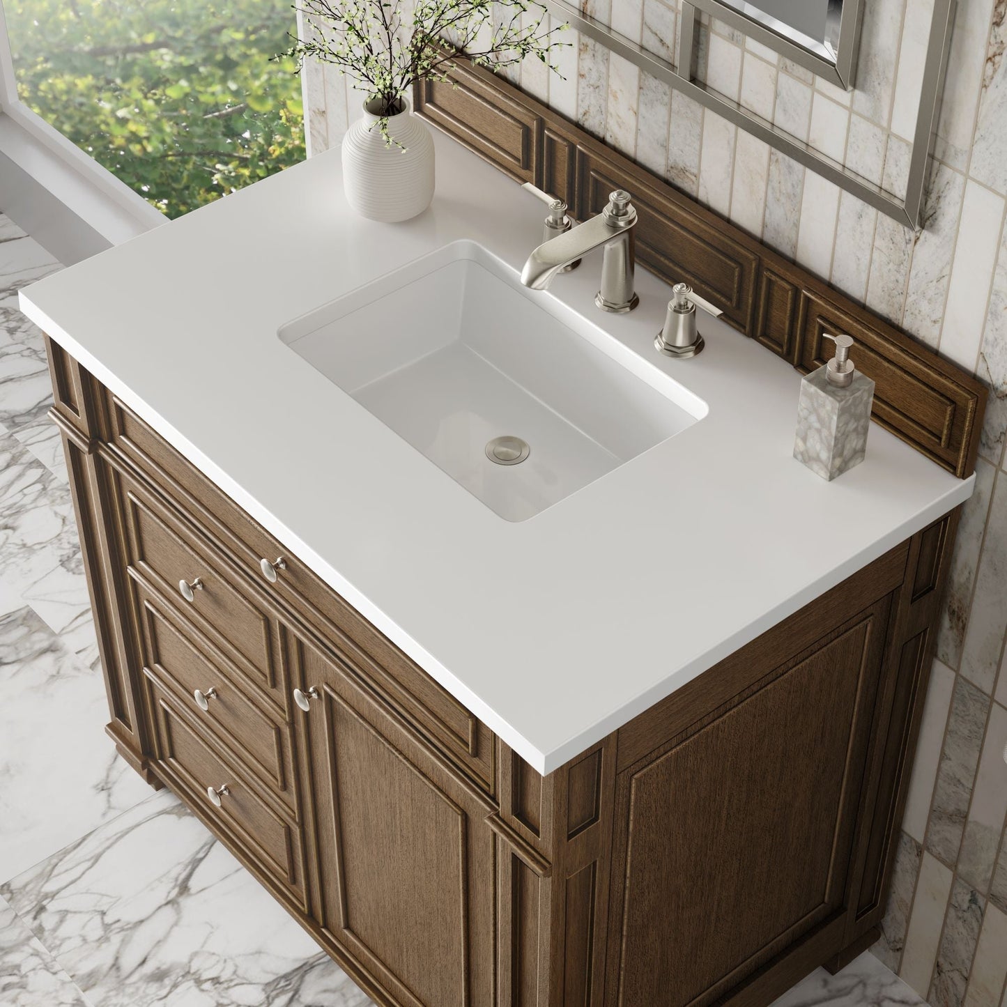 
                  
                    Bristol 36" Single Vanity in Saddle Brown Single Bathroom Vanity James Martin Vanities White Zeus Silestone 
                  
                