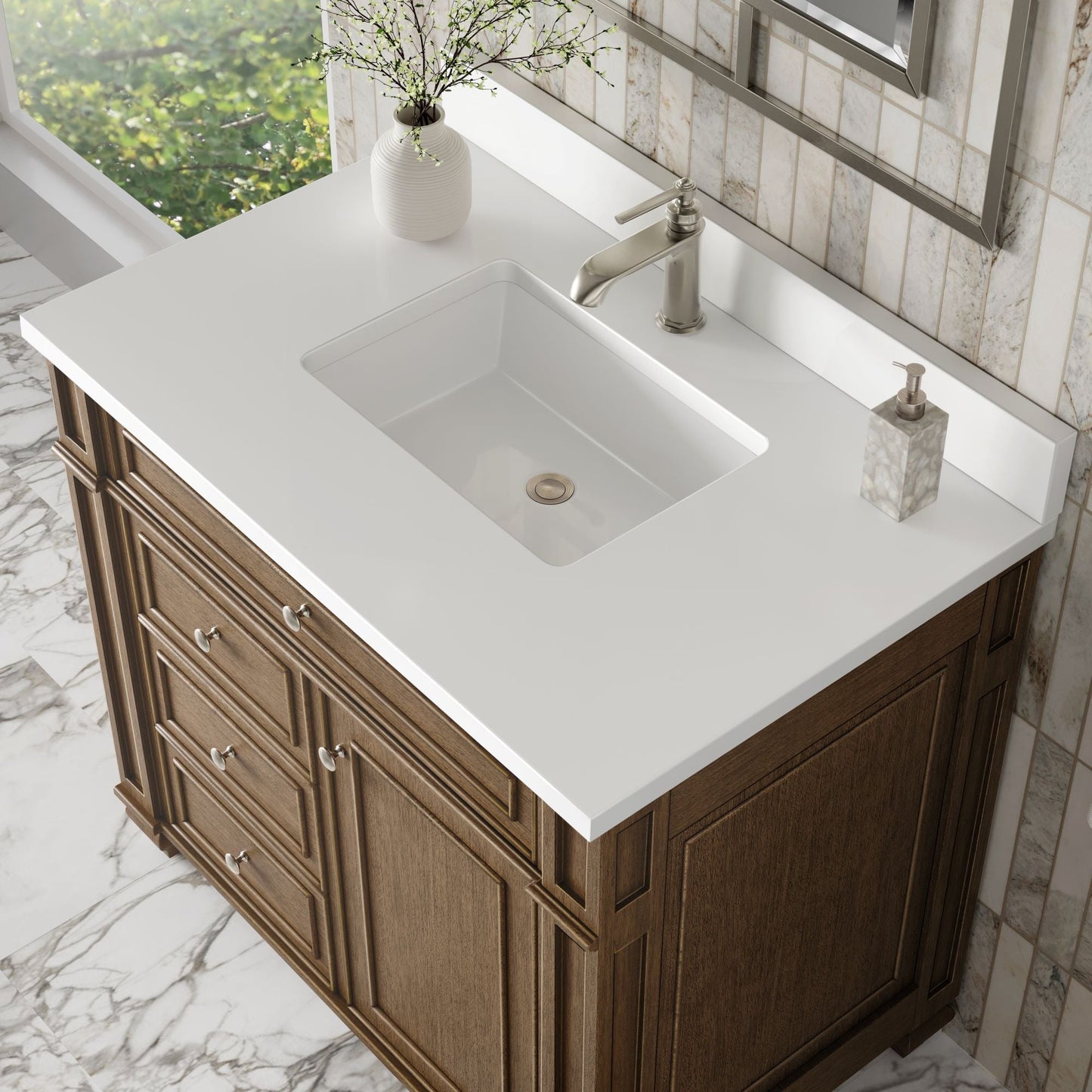 
                  
                    Bristol 36" Single Vanity in Saddle Brown Single Bathroom Vanity James Martin Vanities White Zeus Single Faucet Silestone Top w/Backsplash 
                  
                