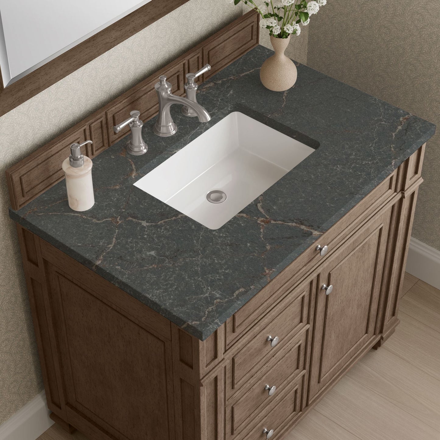 
                  
                    Bristol 36" Single Vanity in Whitewashed Walnut Single Bathroom Vanity James Martin Vanities Parisien Bleu Silestone 
                  
                