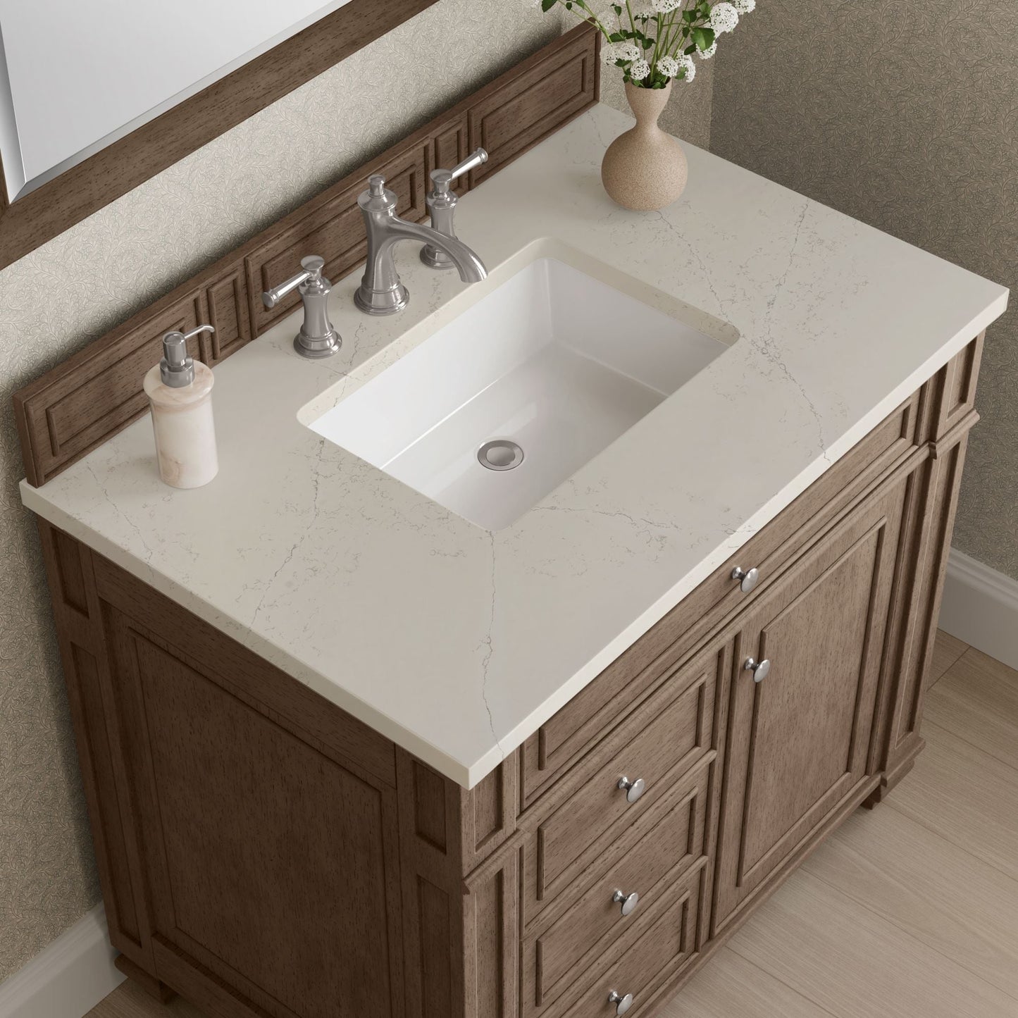 
                  
                    Bristol 36" Single Vanity in Whitewashed Walnut Single Bathroom Vanity James Martin Vanities Siberian Silestone 
                  
                