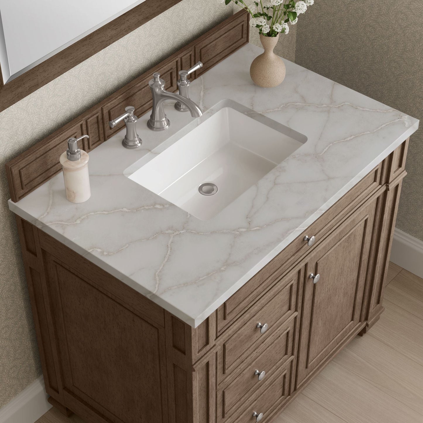 
                  
                    Bristol 36" Single Vanity in Whitewashed Walnut Single Bathroom Vanity James Martin Vanities Victorian Silver Silestone 
                  
                