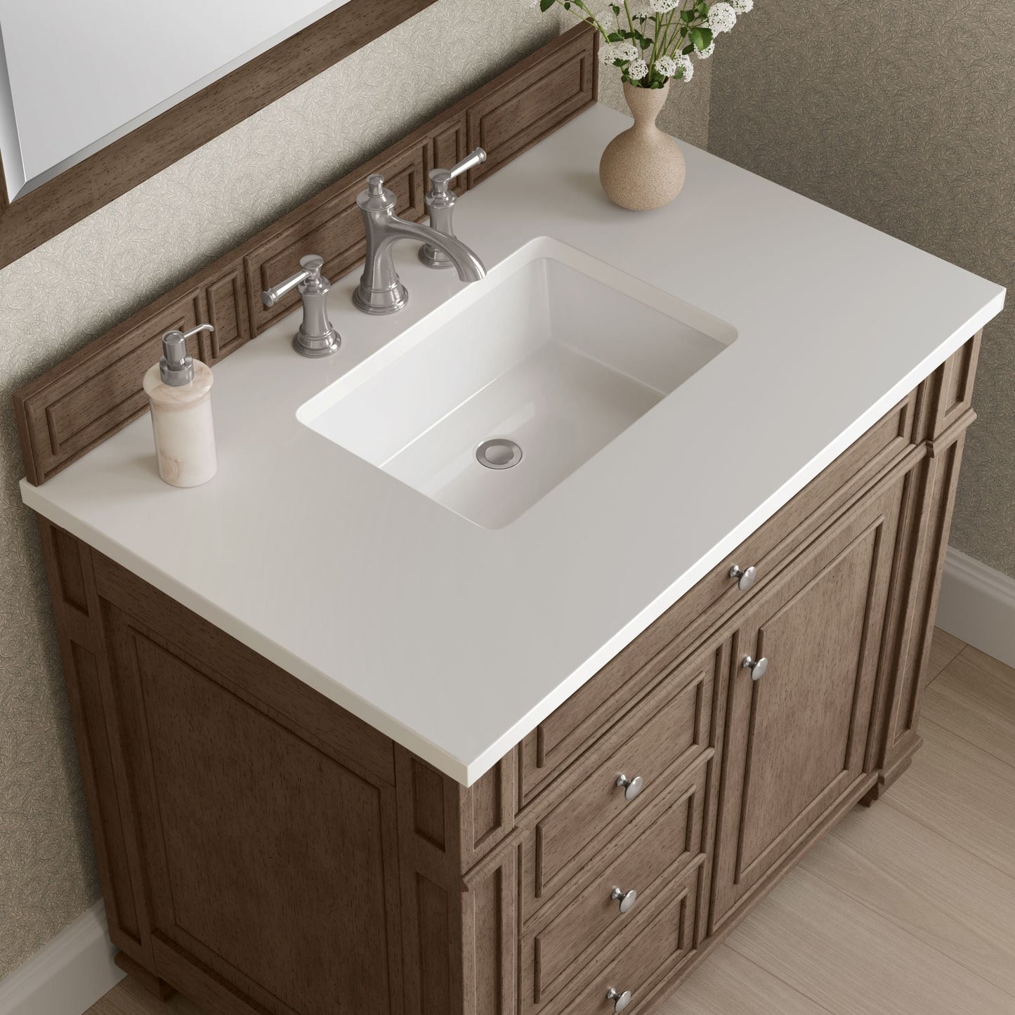 
                  
                    Bristol 36" Single Vanity in Whitewashed Walnut Single Bathroom Vanity James Martin Vanities White Zeus Silestone 
                  
                