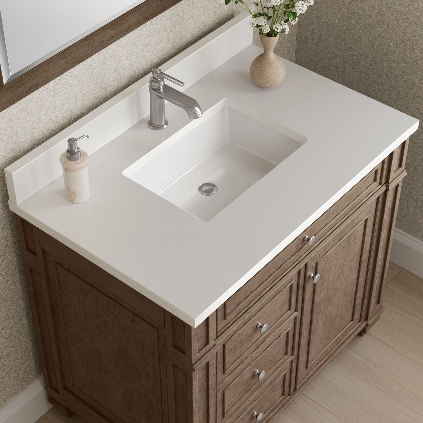 
                  
                    Bristol 36" Single Vanity in Whitewashed Walnut Single Bathroom Vanity James Martin Vanities White Zeus Single Faucet Silestone Top w/Backsplash 
                  
                