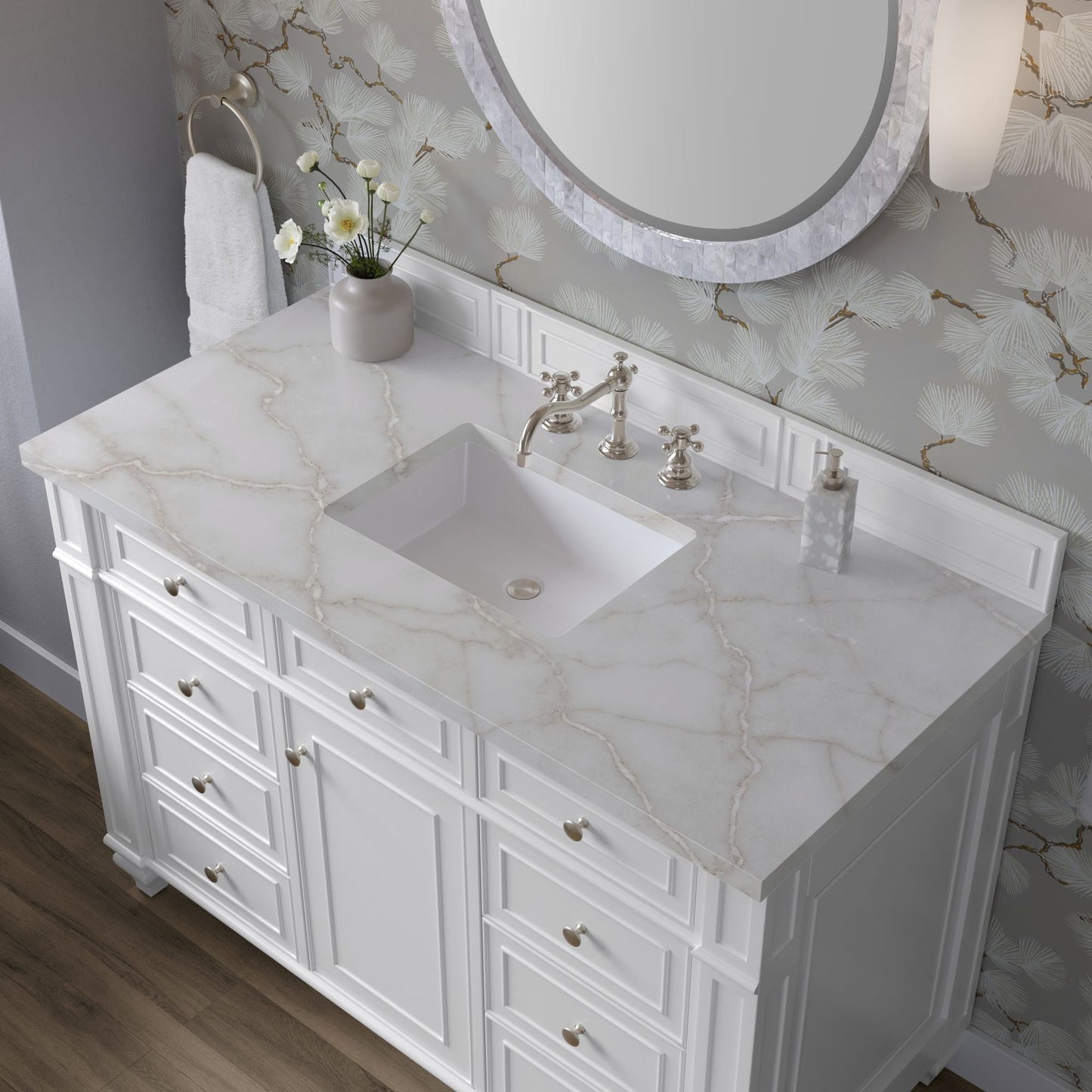 
                  
                    Bristol 48" Single Vanity in Bright White Single Bathroom Vanity James Martin Vanities Victorian Silver Silestone 
                  
                