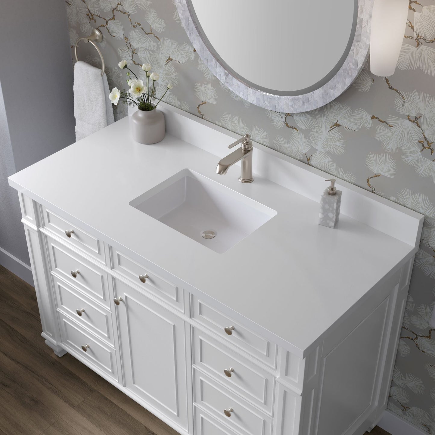
                  
                    Bristol 48" Single Vanity in Bright White Single Bathroom Vanity James Martin Vanities White Zeus Single Faucet Silestone Top w/Backsplash 
                  
                
