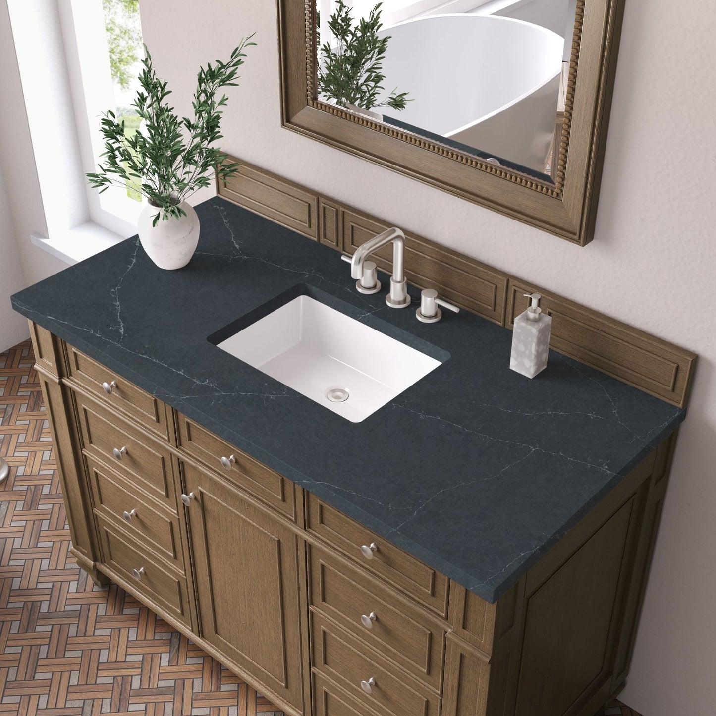
                  
                    Bristol 48" Single Vanity in Saddle Brown Single Bathroom Vanity James Martin Vanities Charcoal Soapstone Silestone 
                  
                