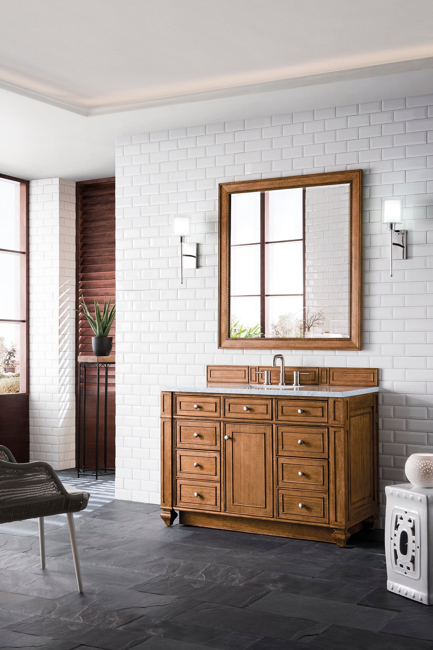 
                  
                    Bristol 48" Single Vanity in Saddle Brown Single Bathroom Vanity James Martin Vanities Eternal Jasmine Pearl Silestone 
                  
                