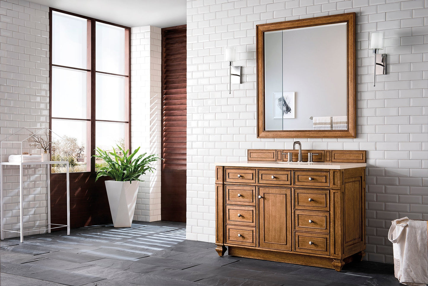 
                  
                    Bristol 48" Single Vanity in Saddle Brown Single Bathroom Vanity James Martin Vanities Eternal Marfil Silestone 
                  
                