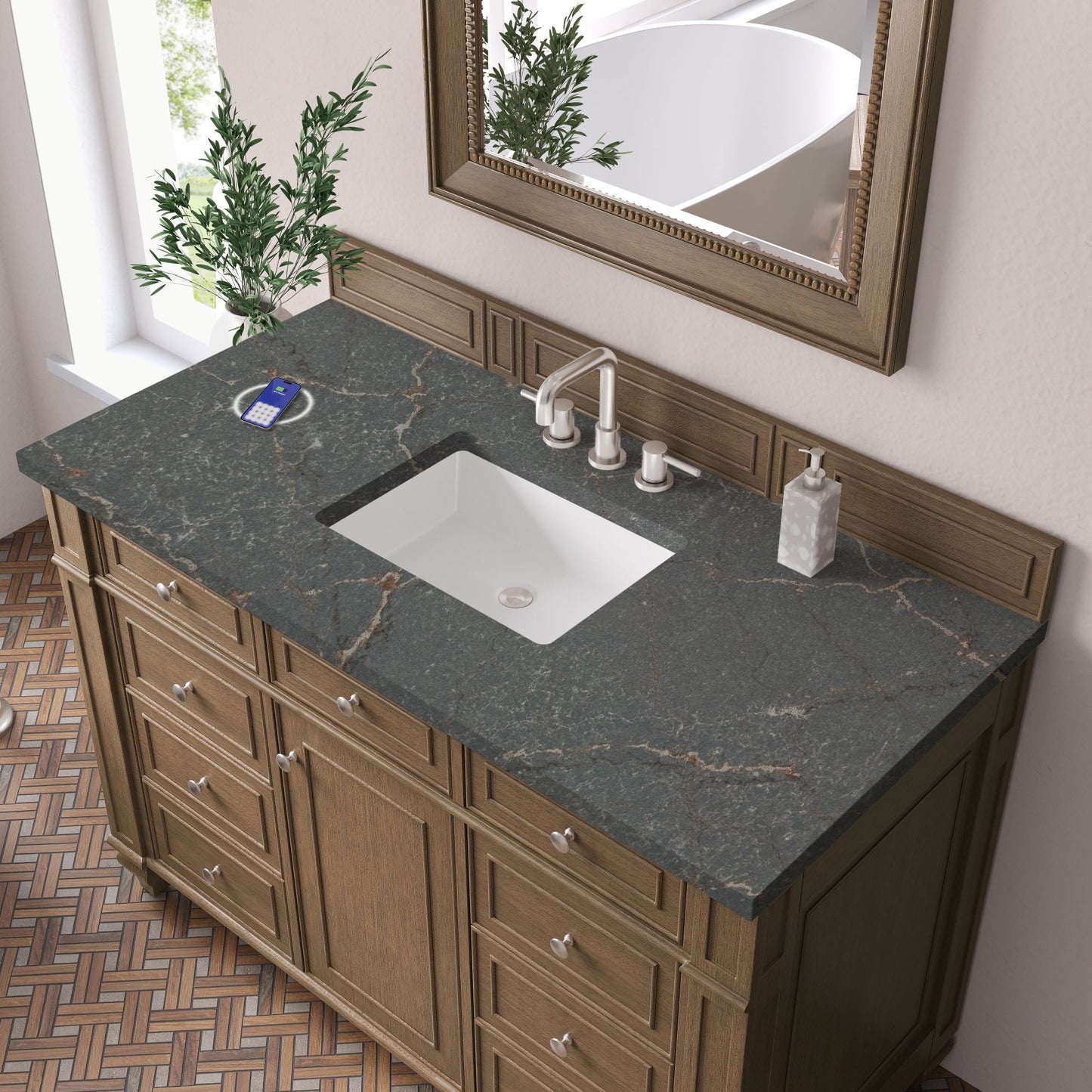 
                  
                    Bristol 48" Single Vanity in Saddle Brown Single Bathroom Vanity James Martin Vanities FreePower-Enabled Parisien Bleu Silestone 
                  
                