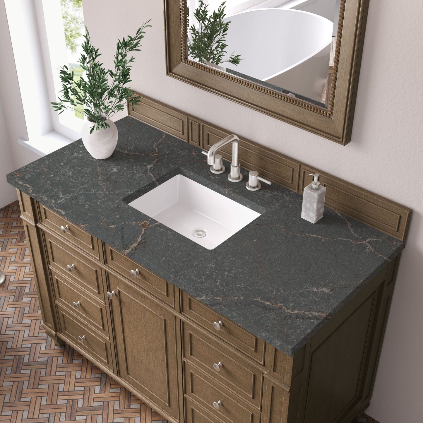 
                  
                    Bristol 48" Single Vanity in Saddle Brown Single Bathroom Vanity James Martin Vanities Parisien Bleu Silestone 
                  
                