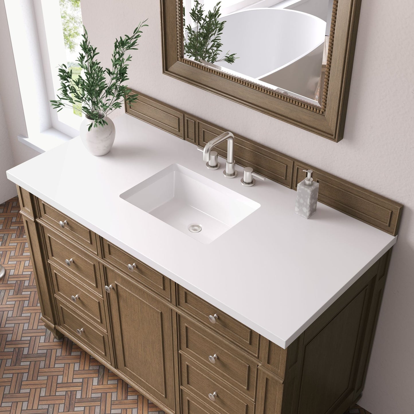 
                  
                    Bristol 48" Single Vanity in Saddle Brown Single Bathroom Vanity James Martin Vanities White Zeus Silestone 
                  
                