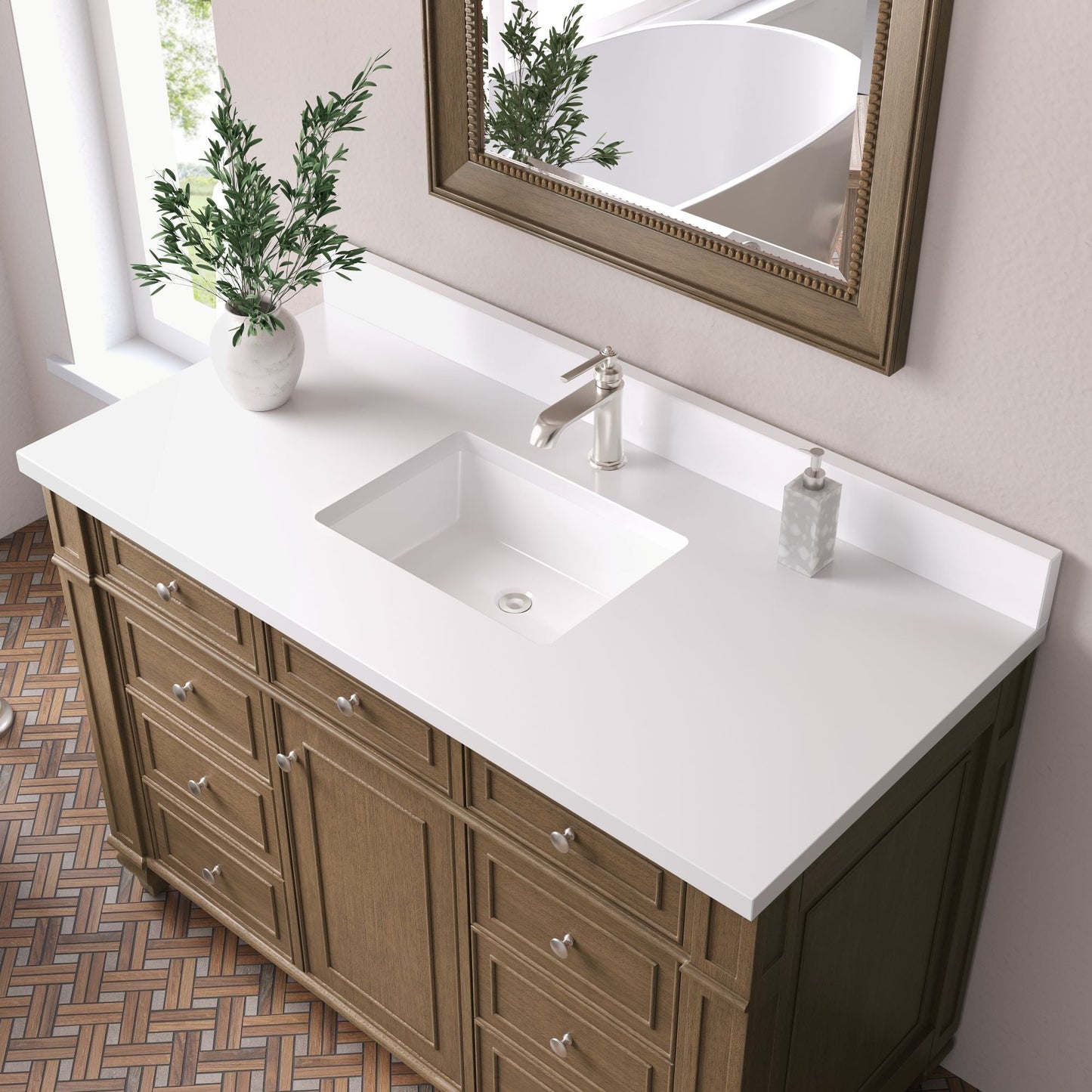 
                  
                    Bristol 48" Single Vanity in Saddle Brown Single Bathroom Vanity James Martin Vanities White Zeus Single Faucet Silestone Top w/Backsplash 
                  
                