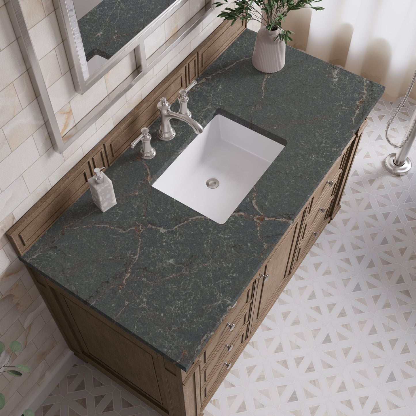 
                  
                    Bristol 48" Single Vanity in Whitewashed Walnut Single Bathroom Vanity James Martin Vanities Parisien Bleu Silestone 
                  
                