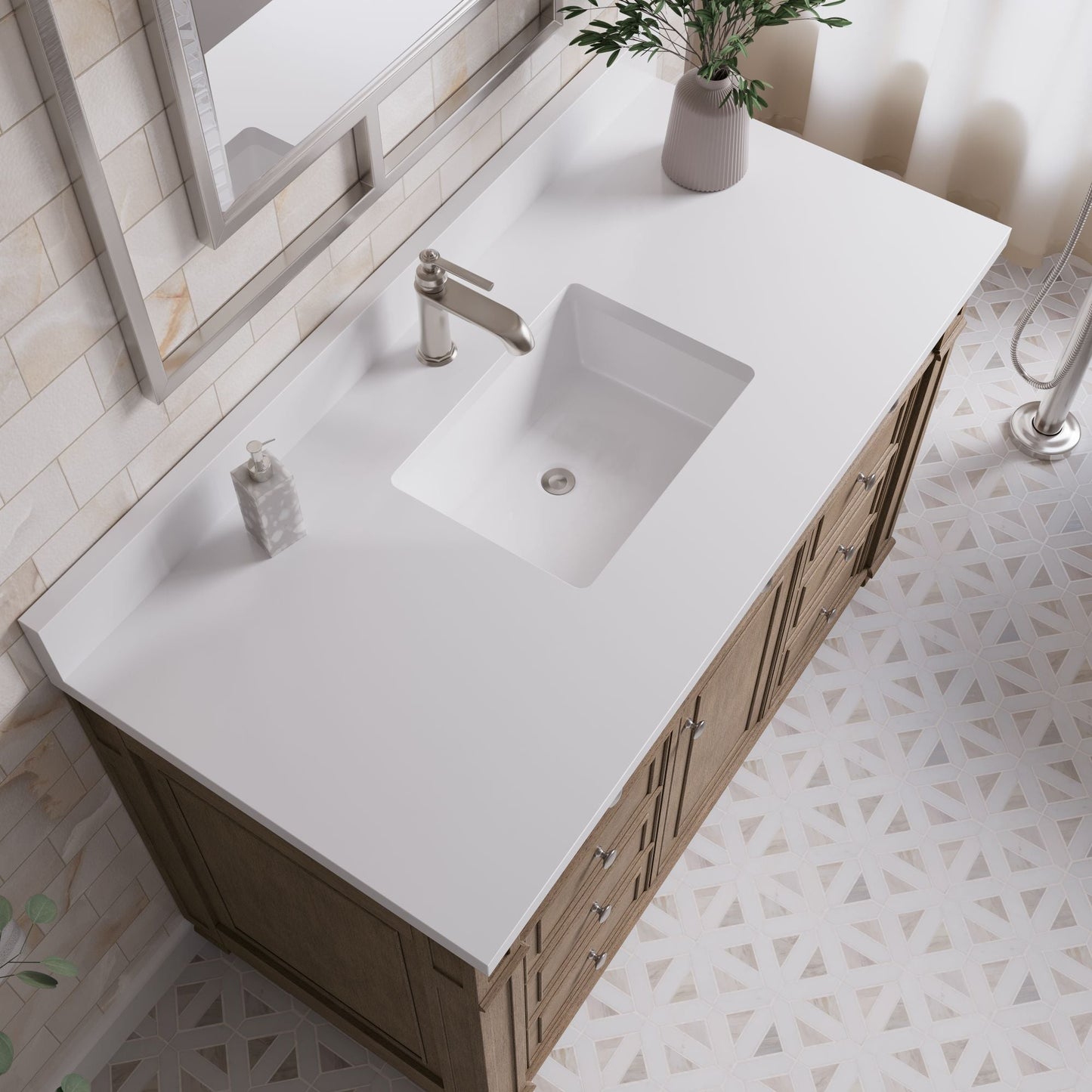 
                  
                    Bristol 48" Single Vanity in Whitewashed Walnut Single Bathroom Vanity James Martin Vanities White Zeus Single Faucet Silestone Top w/Backsplash 
                  
                