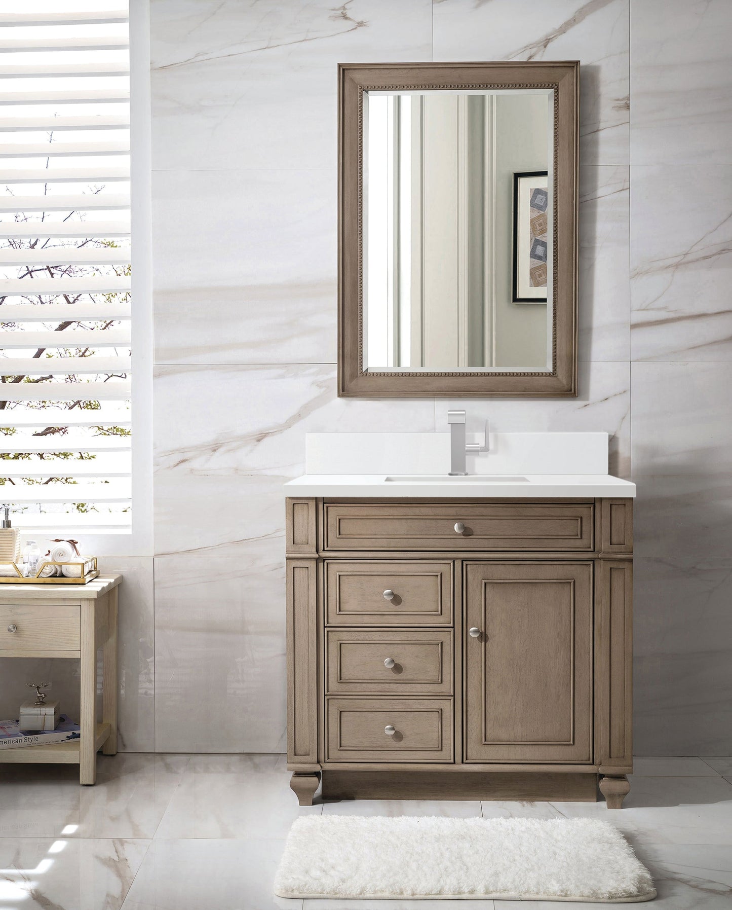 
                  
                    Bristol 48" Single Vanity in Whitewashed Walnut Single Bathroom Vanity James Martin Vanities White Zeus Single Faucet Silestone Top w/Backsplash 
                  
                