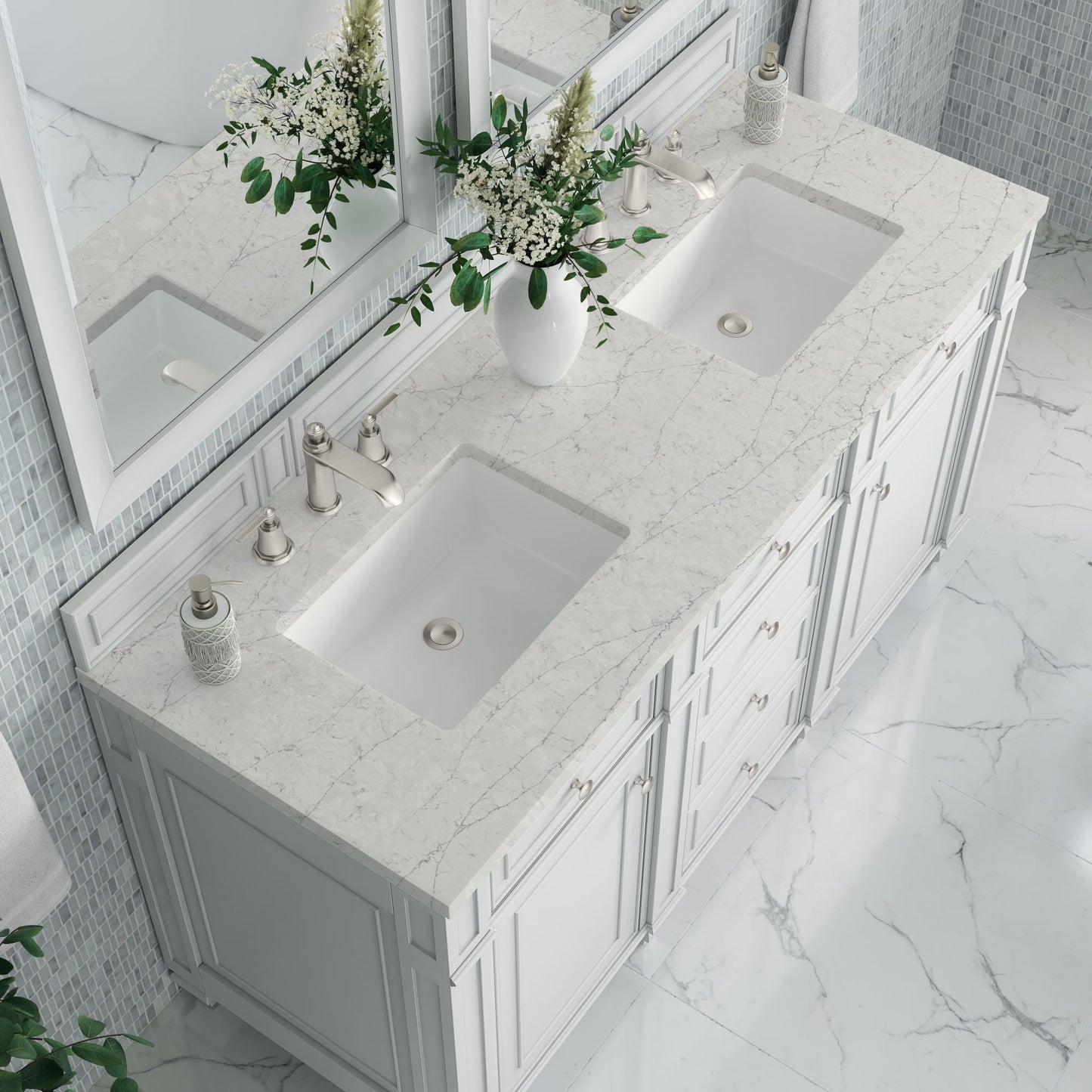 
                  
                    Bristol 60" Double Vanity in Bright White Double bathroom Vanity James Martin Vanities Eternal Jasmine Pearl Silestone 
                  
                