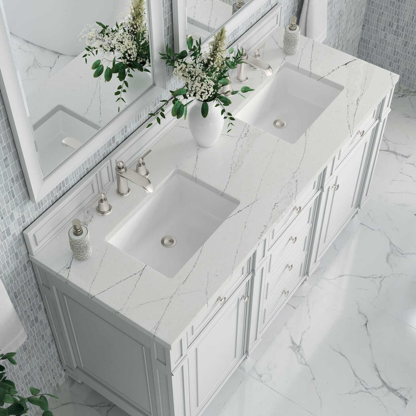 
                  
                    Bristol 60" Double Vanity in Bright White Double bathroom Vanity James Martin Vanities Ethereal Noctis Silestone 
                  
                