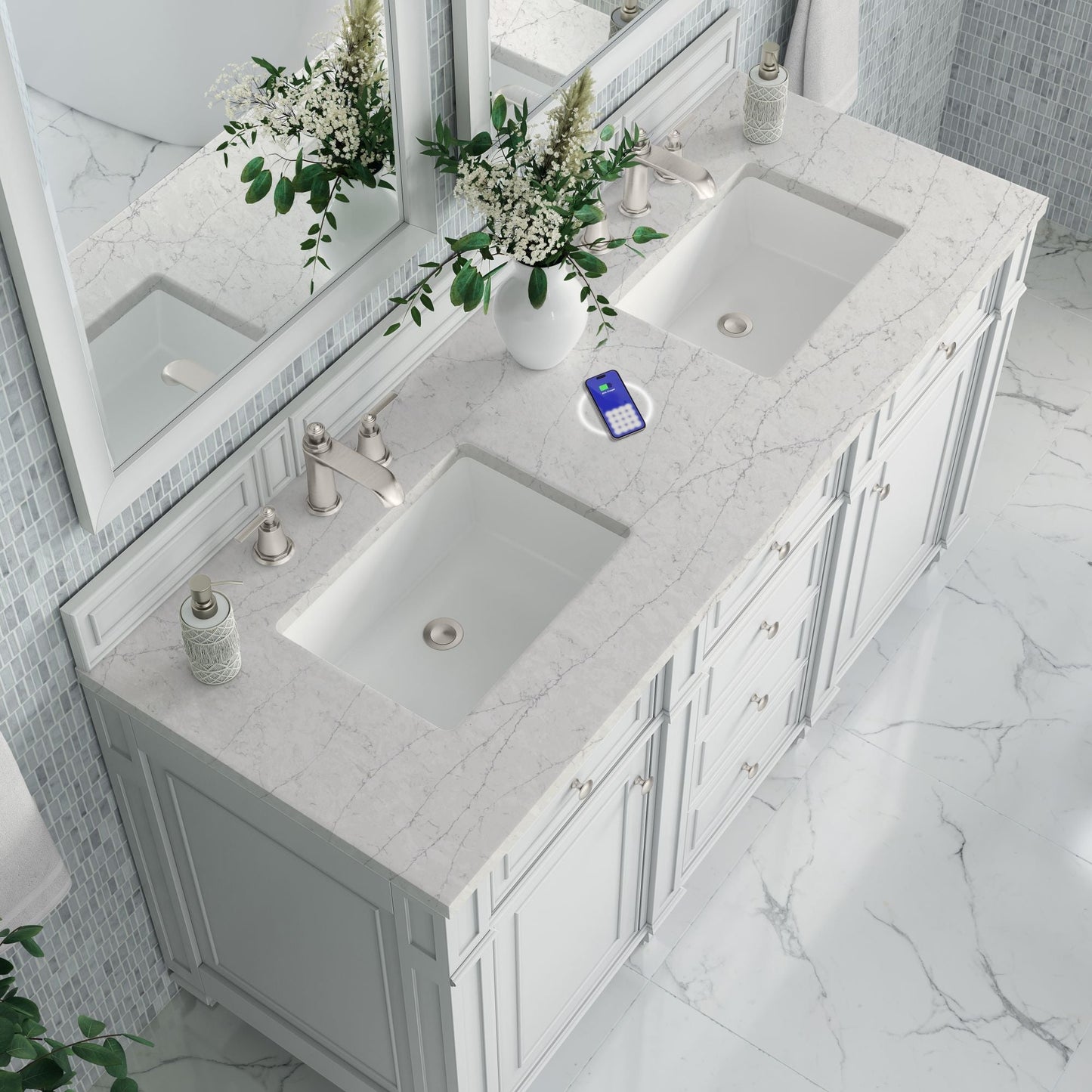 
                  
                    Bristol 60" Double Vanity in Bright White Double bathroom Vanity James Martin Vanities FreePower-Enabled Eternal Jasmine Pearl Silestone 
                  
                
