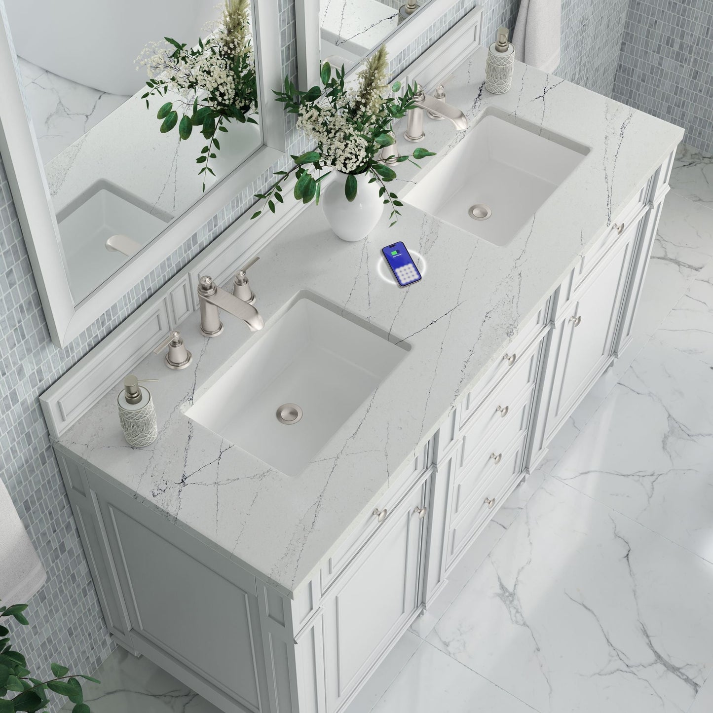 
                  
                    Bristol 60" Double Vanity in Bright White Double bathroom Vanity James Martin Vanities FreePower-Enabled Ethereal Noctis Silestone 
                  
                
