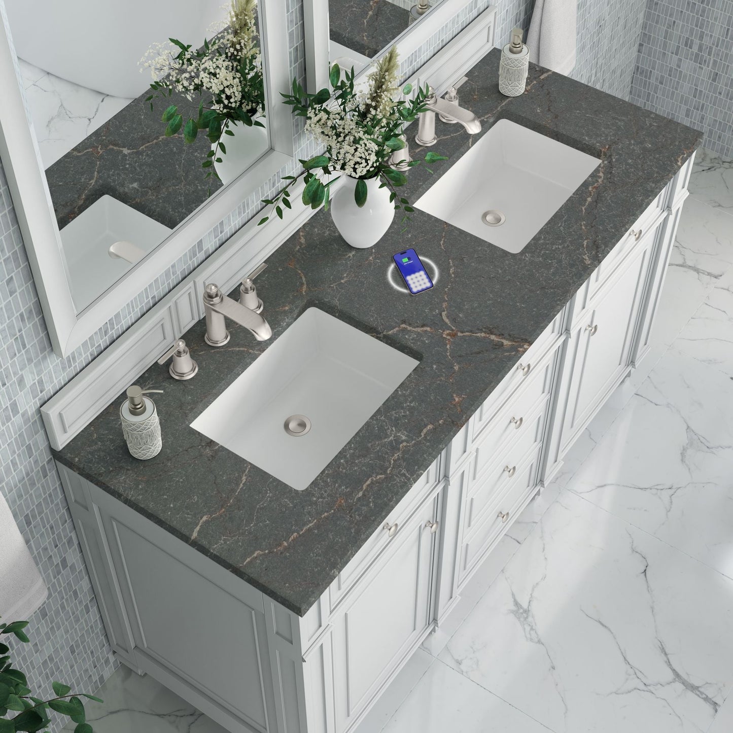 
                  
                    Bristol 60" Double Vanity in Bright White Double bathroom Vanity James Martin Vanities FreePower-Enabled Parisien Bleu Silestone 
                  
                