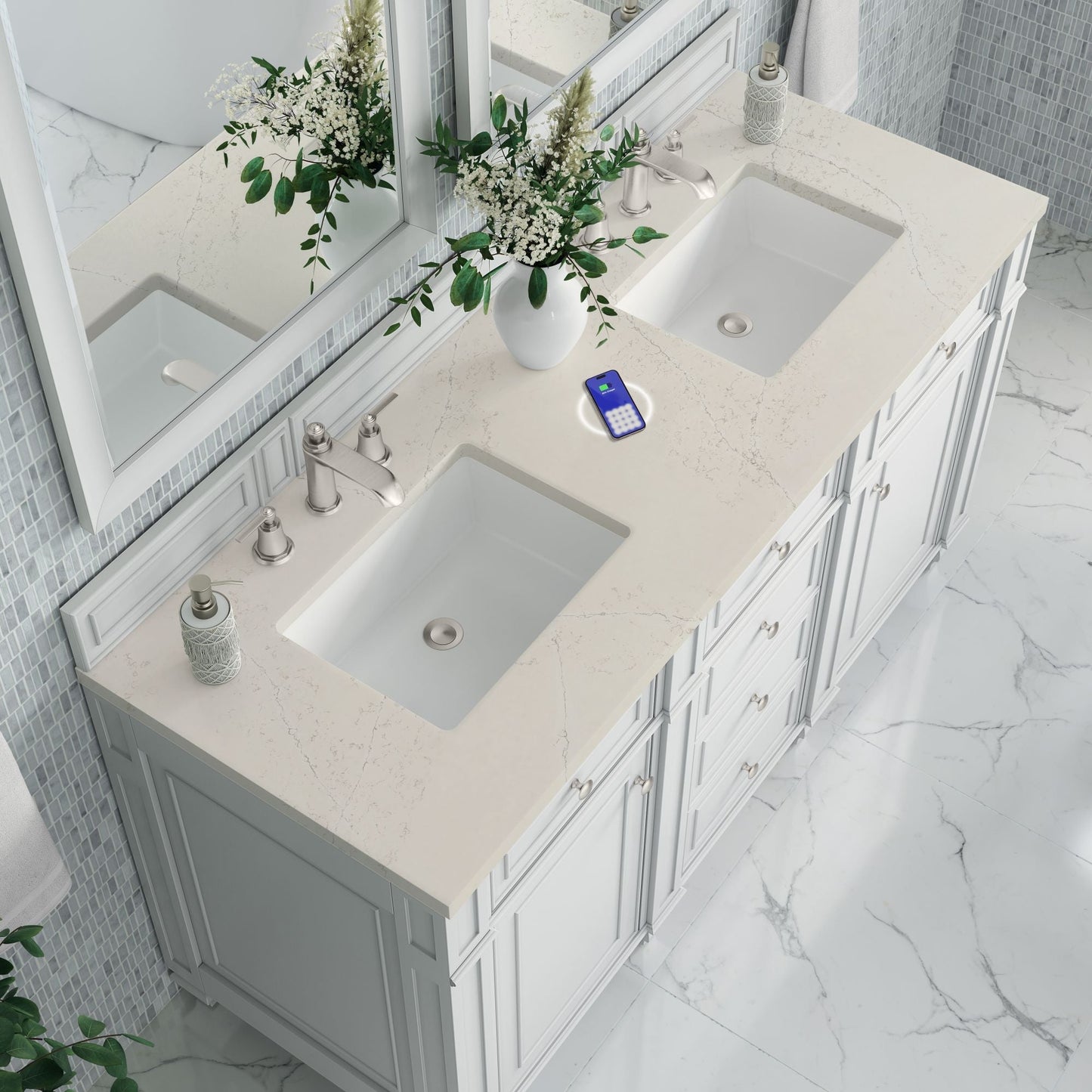 
                  
                    Bristol 60" Double Vanity in Bright White Double bathroom Vanity James Martin Vanities FreePower-Enabled Siberian Silestone 
                  
                