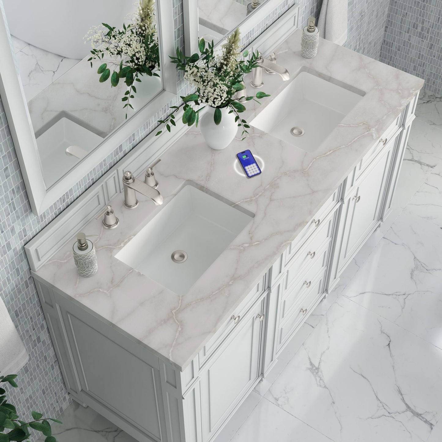 
                  
                    Bristol 60" Double Vanity in Bright White Double bathroom Vanity James Martin Vanities FreePower-Enabled Victorian Silver 
                  
                