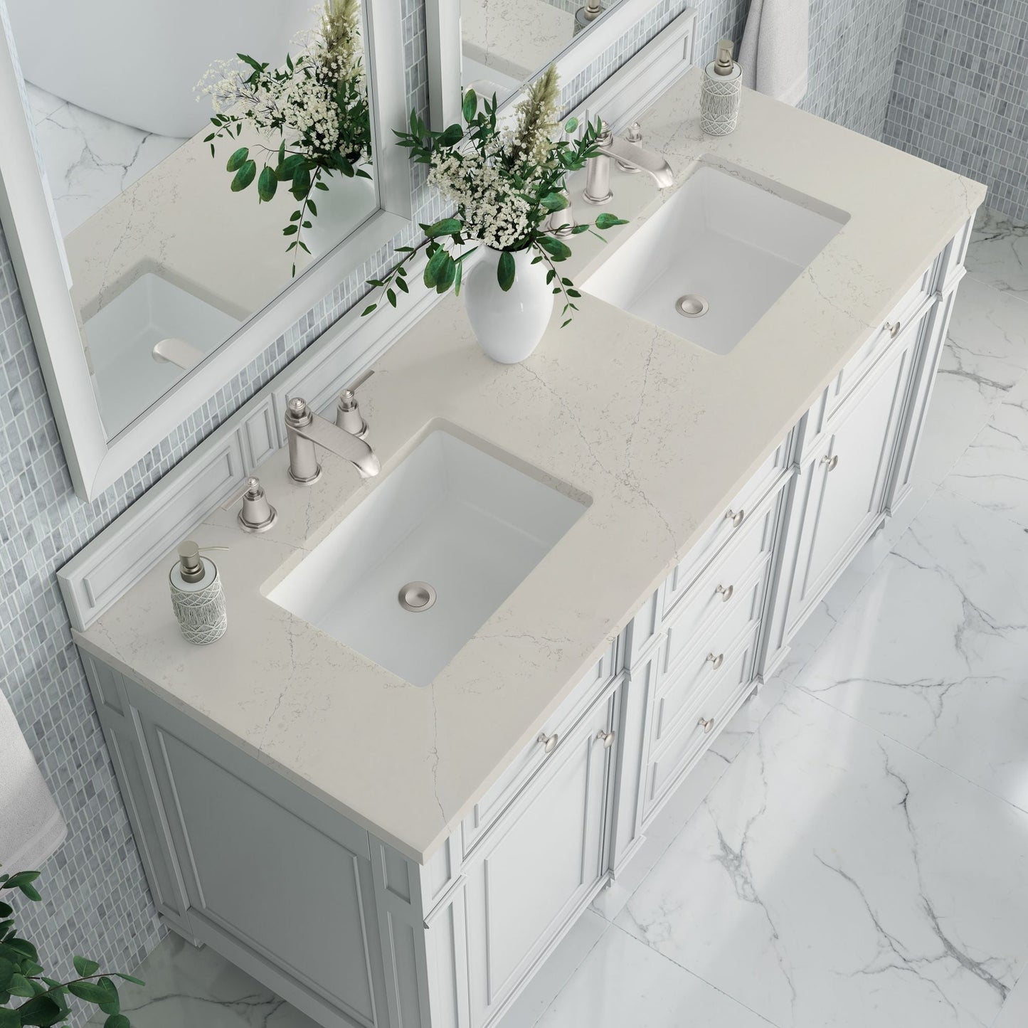 
                  
                    Bristol 60" Double Vanity in Bright White Double bathroom Vanity James Martin Vanities Siberian Silestone 
                  
                