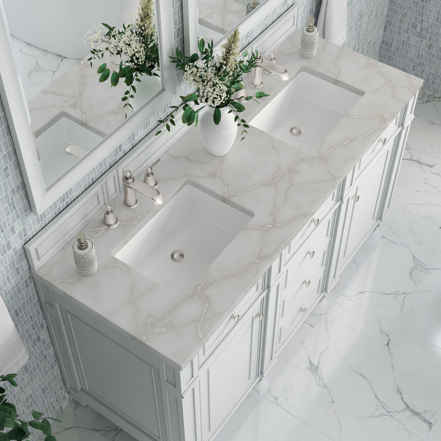 
                  
                    Bristol 60" Double Vanity in Bright White Double bathroom Vanity James Martin Vanities Victorian Silver Silestone 
                  
                