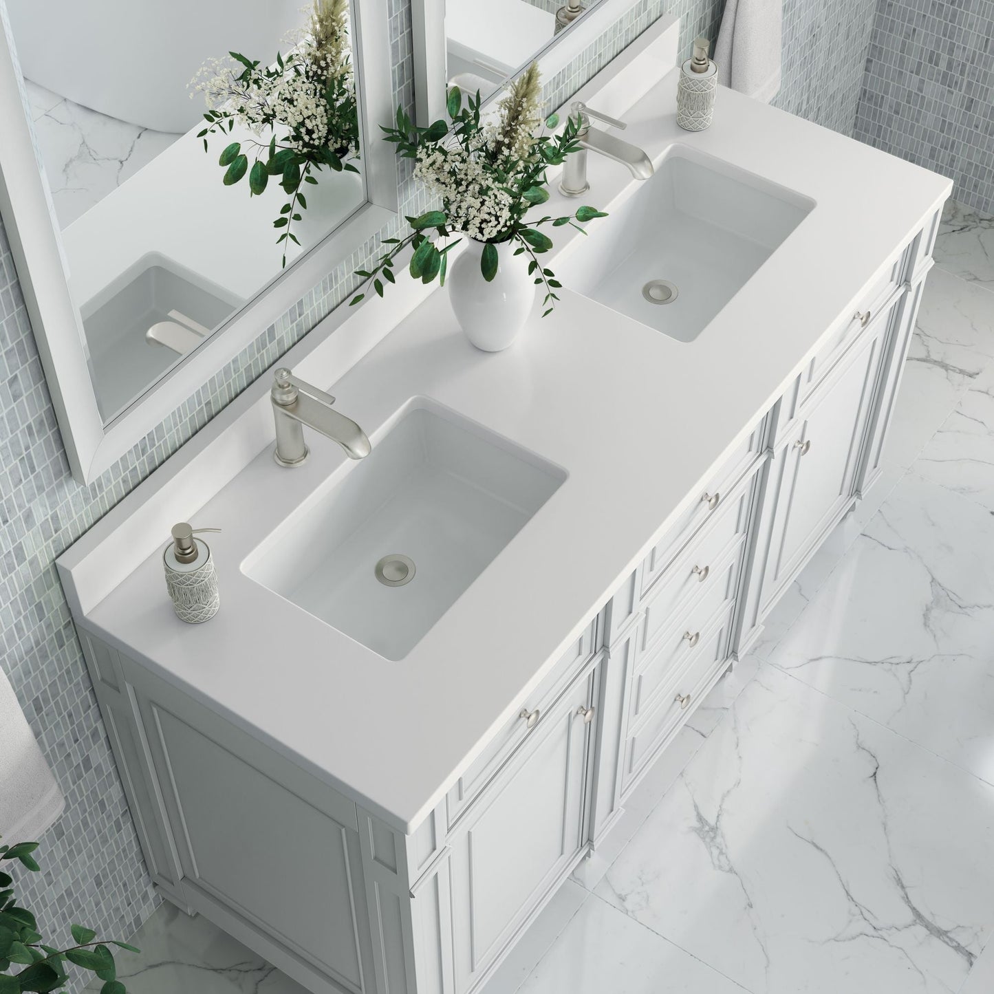 
                  
                    Bristol 60" Double Vanity in Bright White Double bathroom Vanity James Martin Vanities White Zeus Single Faucet Silestone Top w/Backsplash 
                  
                