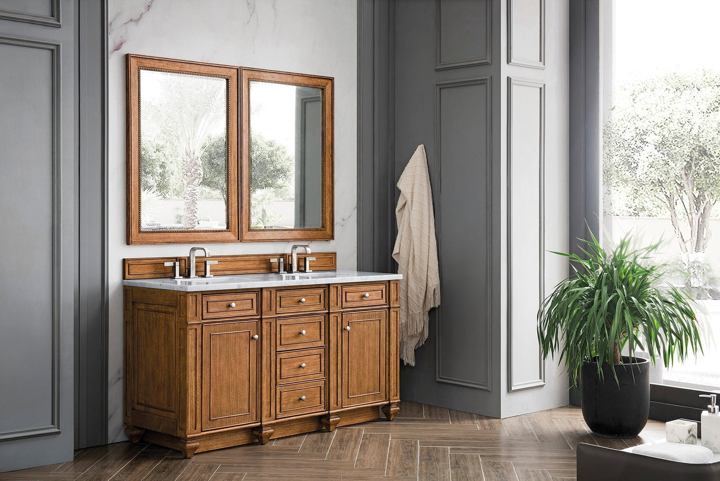 
                  
                    Bristol 60" Double Vanity in Saddle Brown Double bathroom Vanity James Martin Vanities Arctic Fall Solid Surface 
                  
                