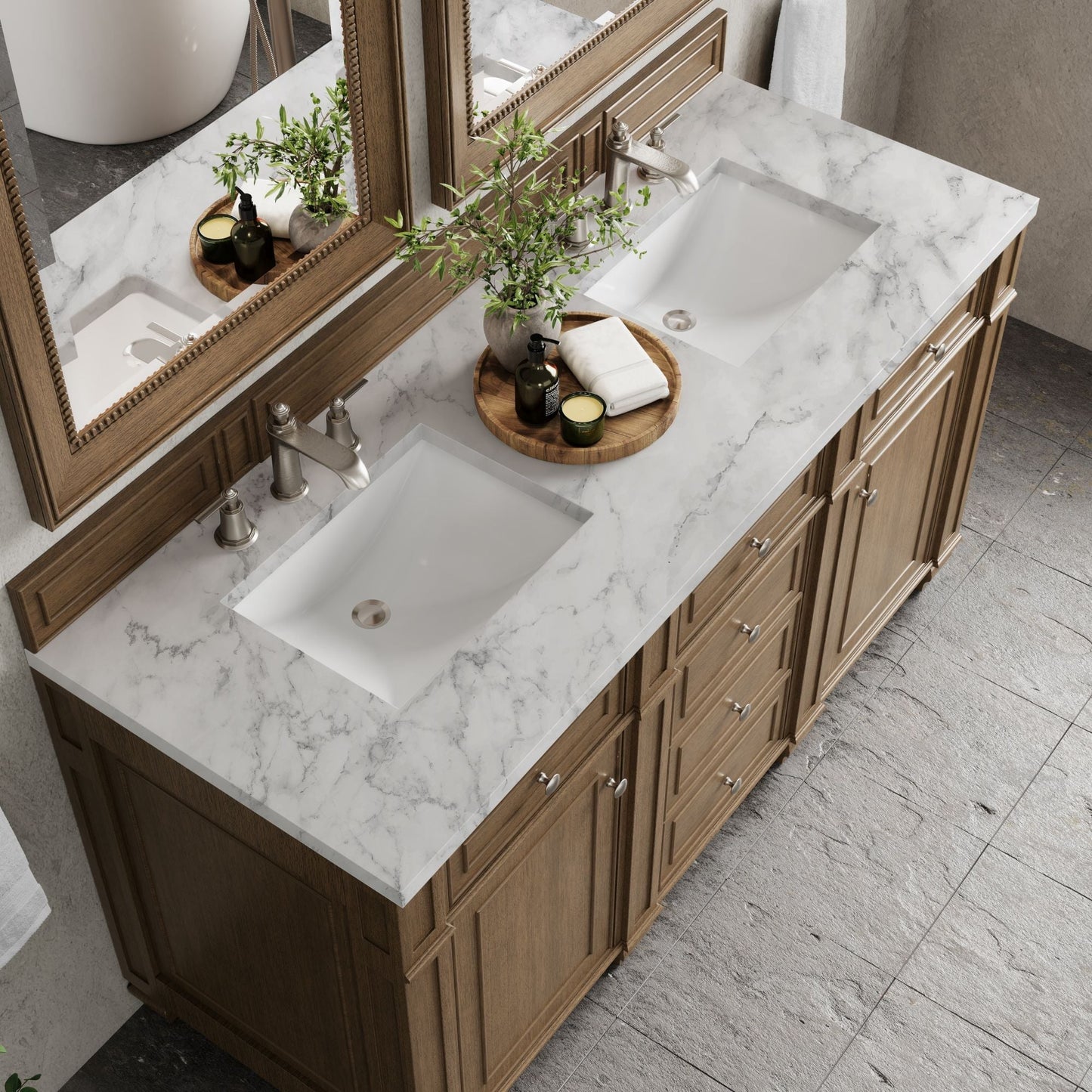 
                  
                    Bristol 60" Double Vanity in Saddle Brown Double bathroom Vanity James Martin Vanities Carrara White Marble 
                  
                