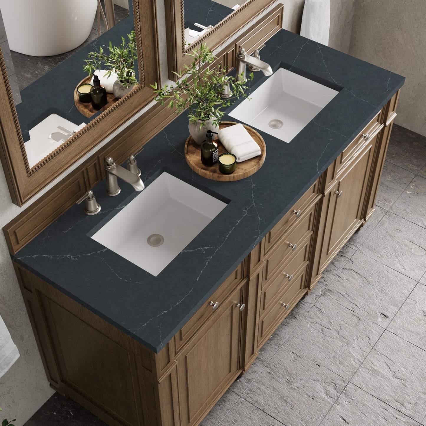 
                  
                    Bristol 60" Double Vanity in Saddle Brown Double bathroom Vanity James Martin Vanities Charcoal Soapstone Silestone 
                  
                