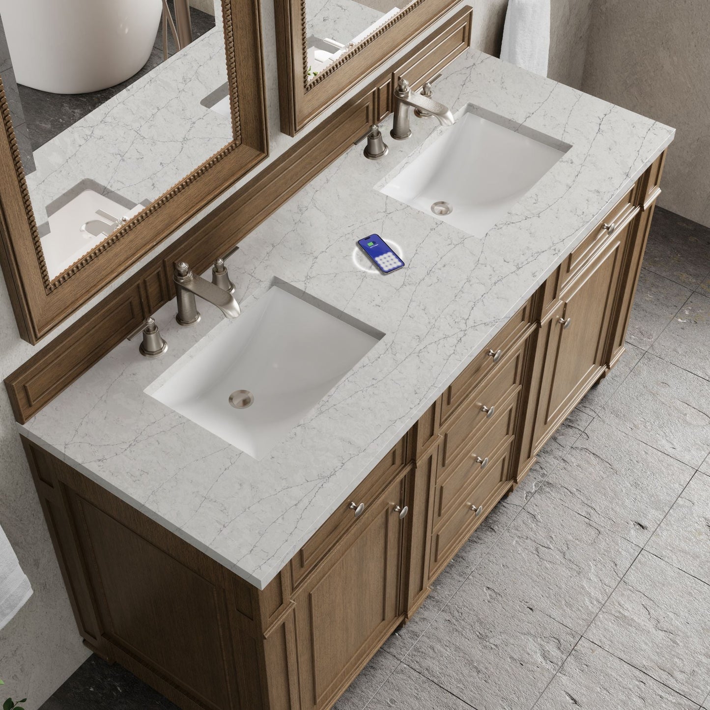 
                  
                    Bristol 60" Double Vanity in Saddle Brown Double bathroom Vanity James Martin Vanities FreePower-Enabled Eternal Jasmine Pearl Silestone 
                  
                