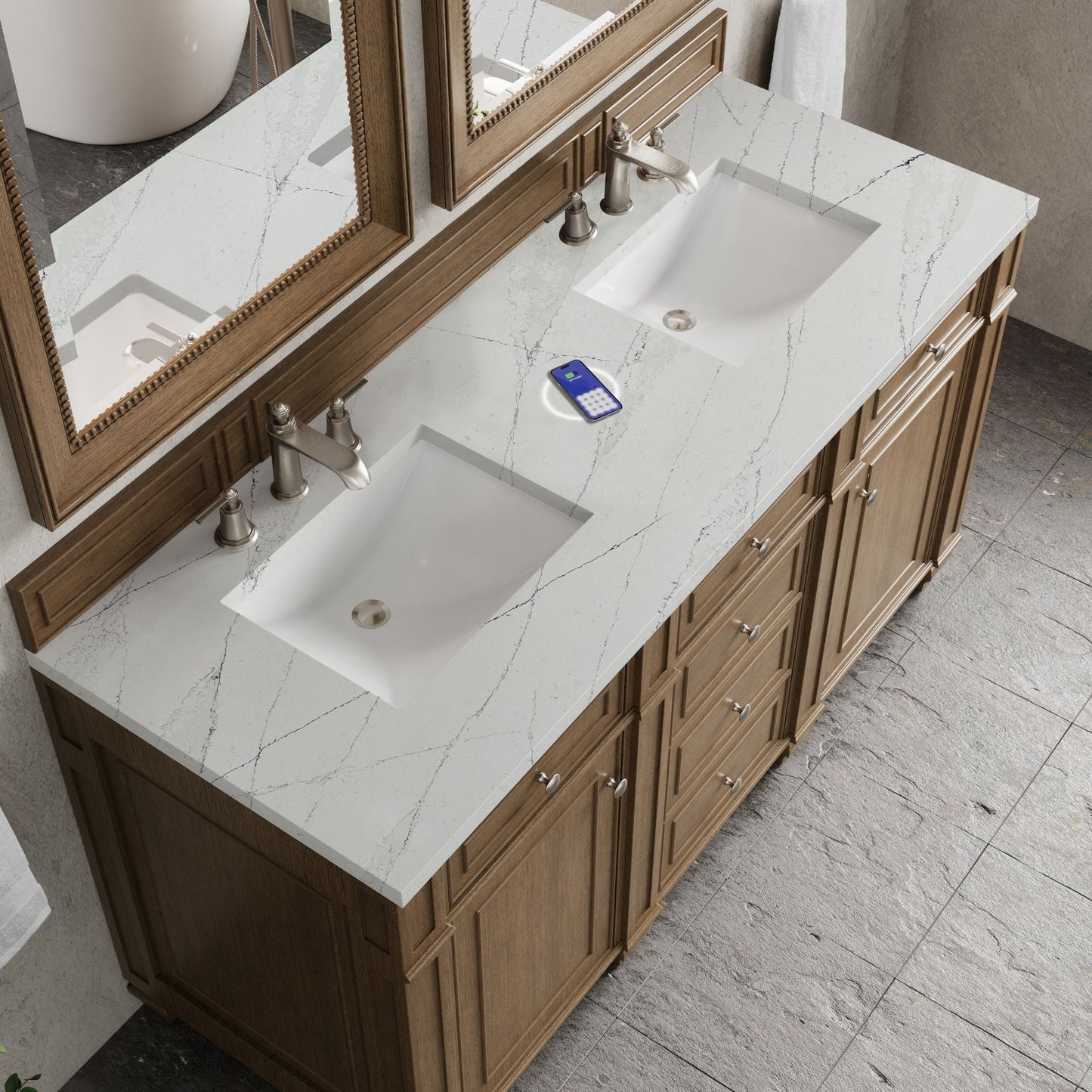 
                  
                    Bristol 60" Double Vanity in Saddle Brown Double bathroom Vanity James Martin Vanities FreePower-Enabled Ethereal Noctis Silestone 
                  
                