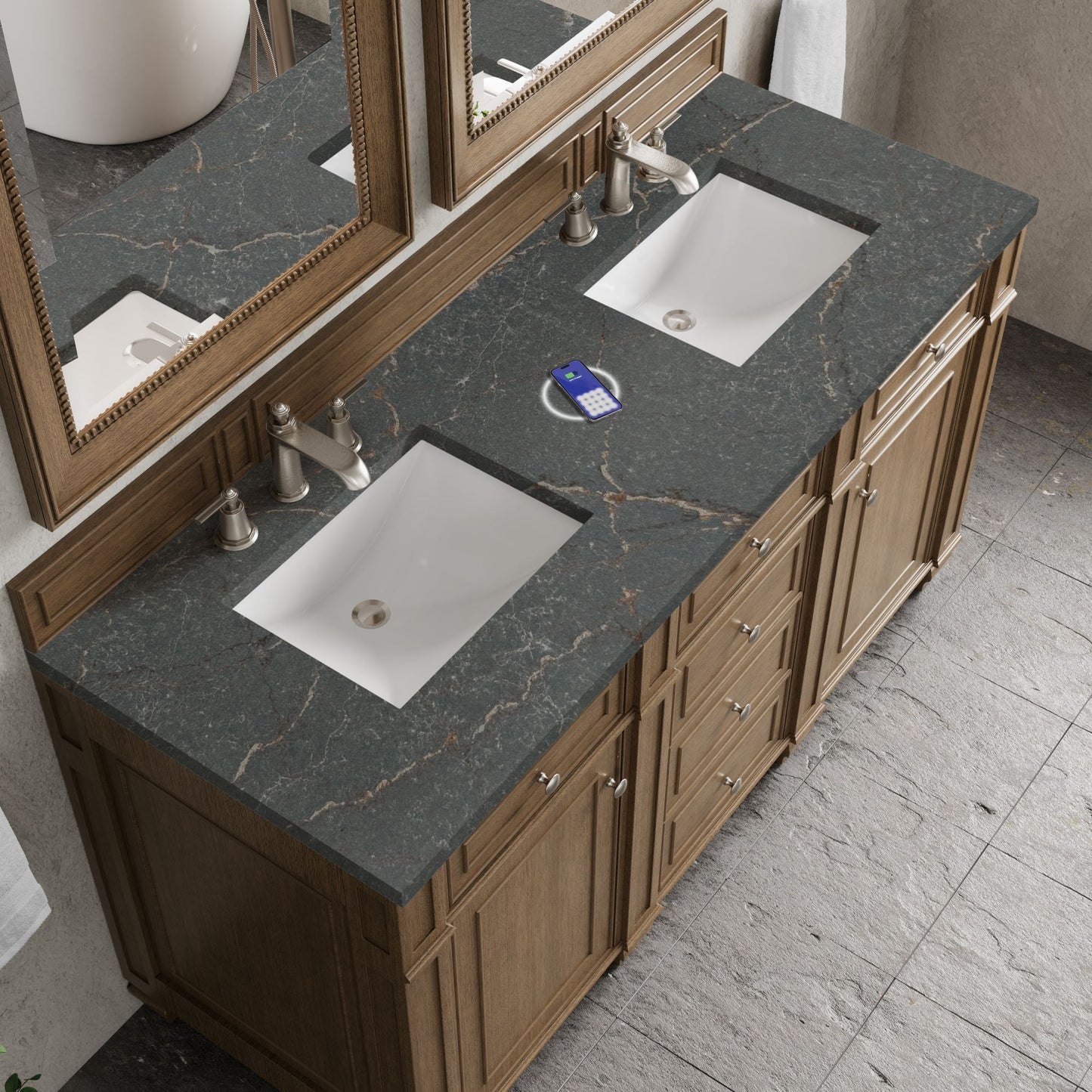 
                  
                    Bristol 60" Double Vanity in Saddle Brown Double bathroom Vanity James Martin Vanities FreePower-Enabled Parisien Bleu Silestone 
                  
                