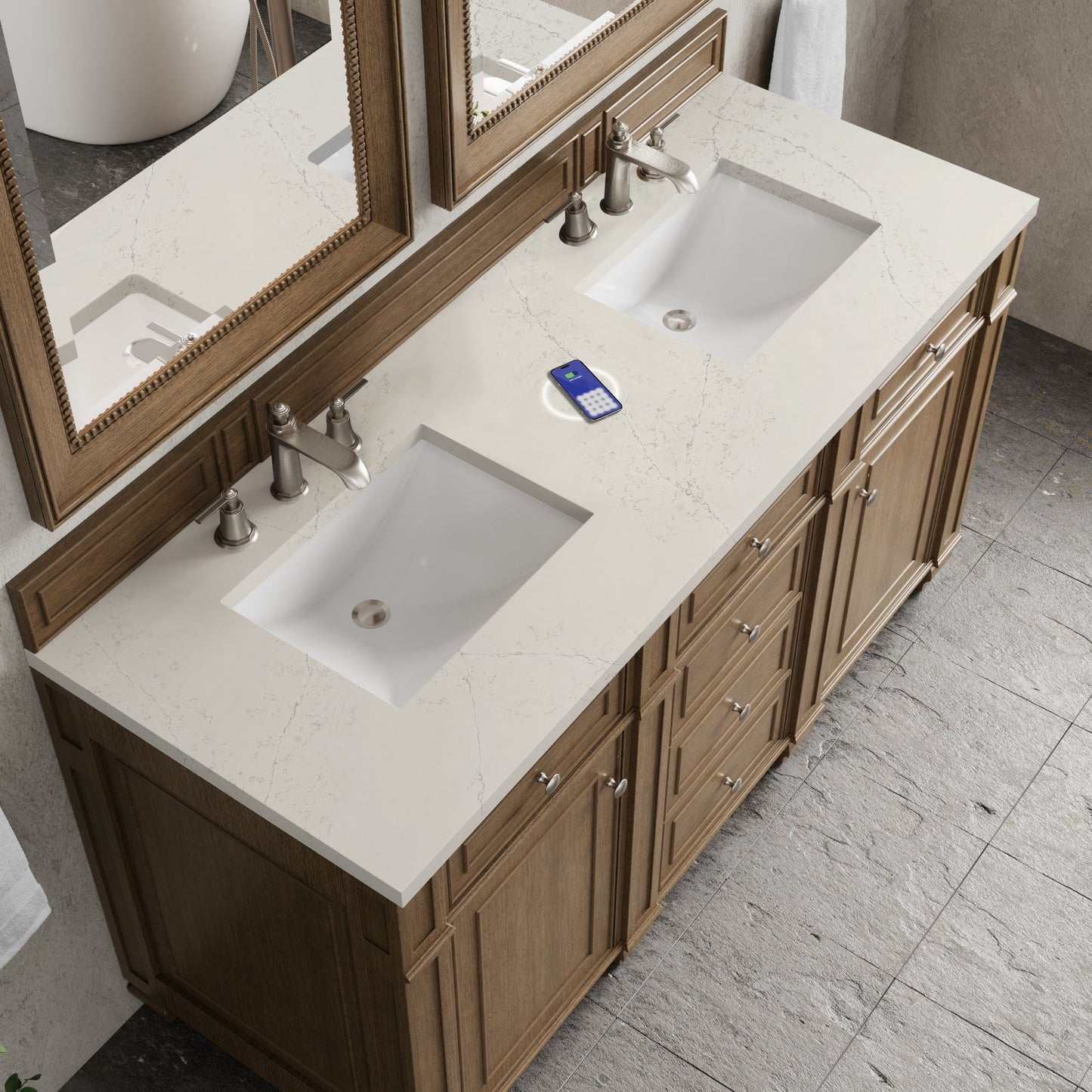 
                  
                    Bristol 60" Double Vanity in Saddle Brown Double bathroom Vanity James Martin Vanities FreePower-Enabled Siberian Silestone 
                  
                