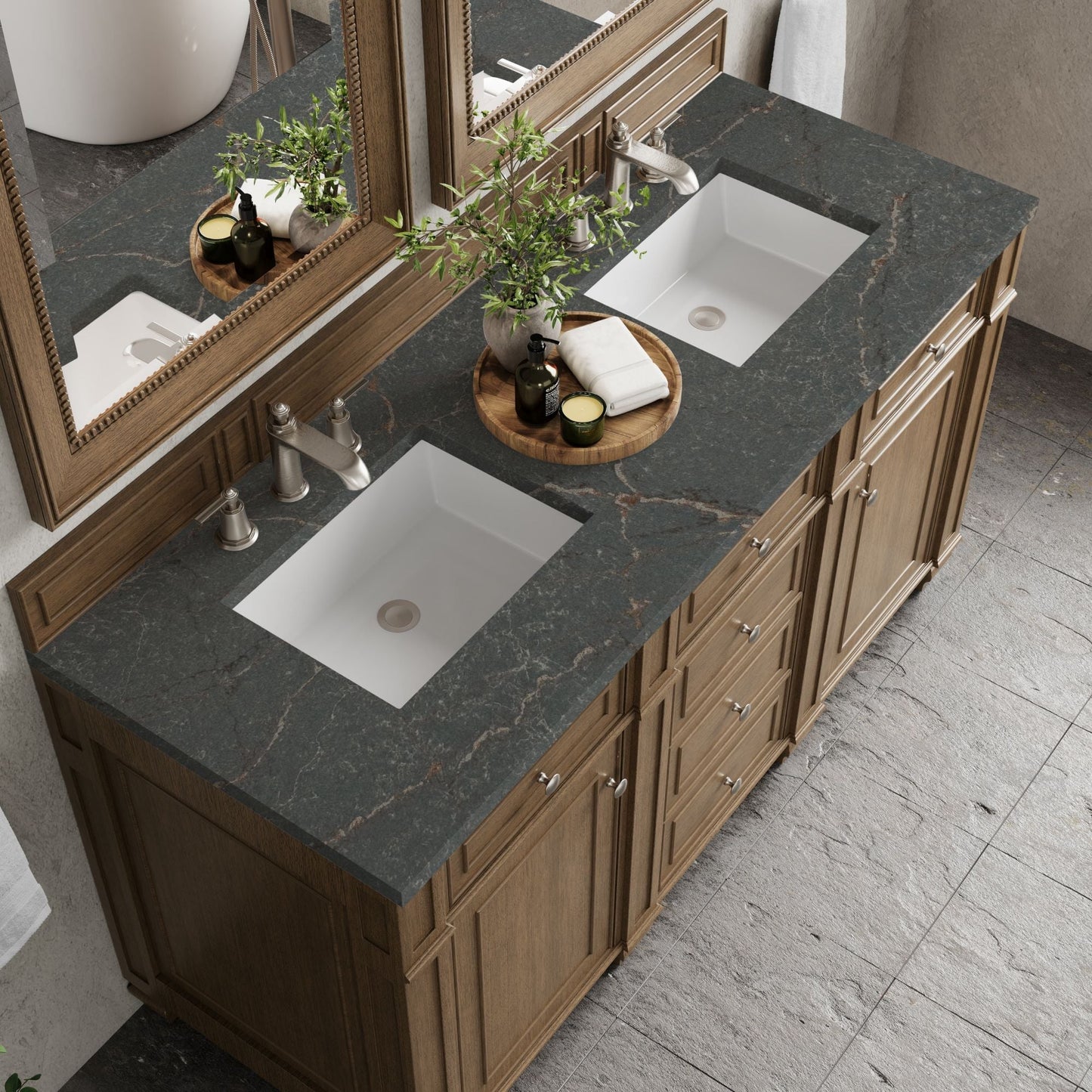 
                  
                    Bristol 60" Double Vanity in Saddle Brown Double bathroom Vanity James Martin Vanities Parisien Bleu Silestone 
                  
                